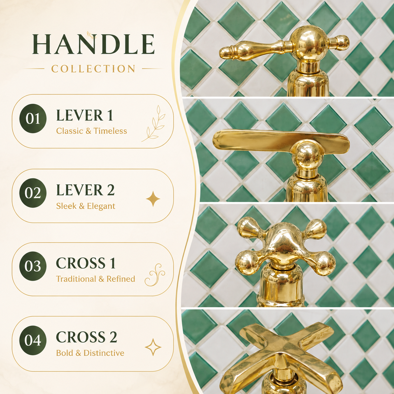 A promotional graphic for the faucet handle collection, showing four faucet handle styles labeled Lever 1, Lever 2, Cross 1, and Cross 2, alongside close-up photos of polished gold faucet tops mounted against a green and white diamond tile backsplash.