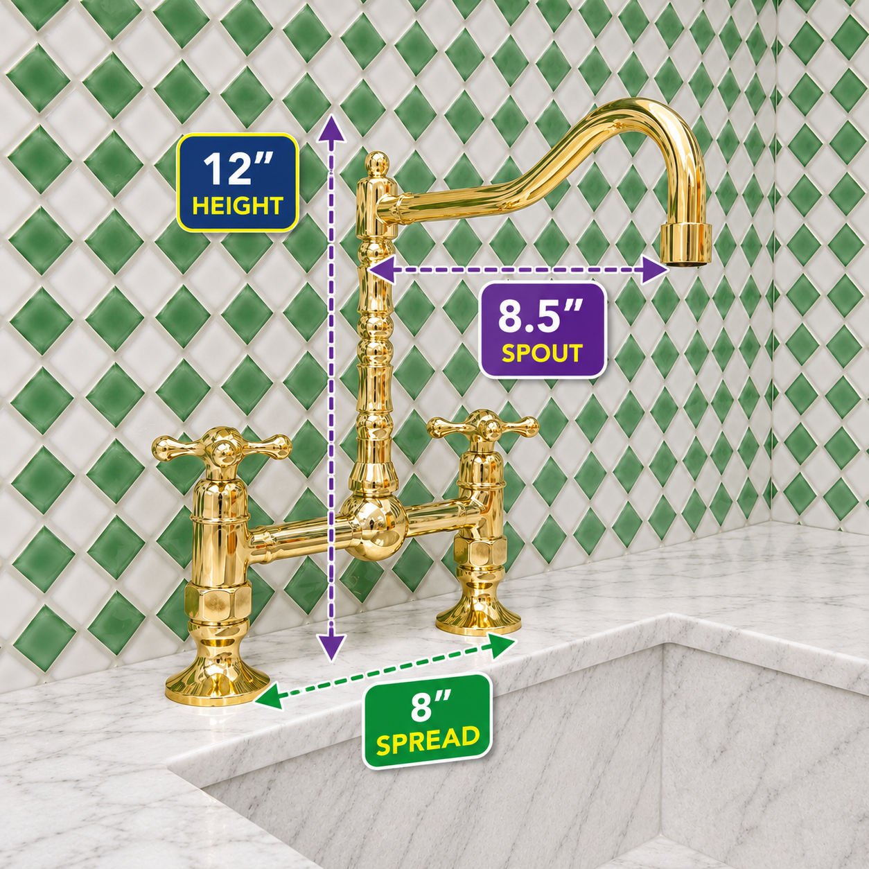 A polished gold bridge faucet with two handles is shown installed above a white marble sink, with dimension callouts indicating 12-inch height, 8.5-inch spout, and 8-inch spread.
