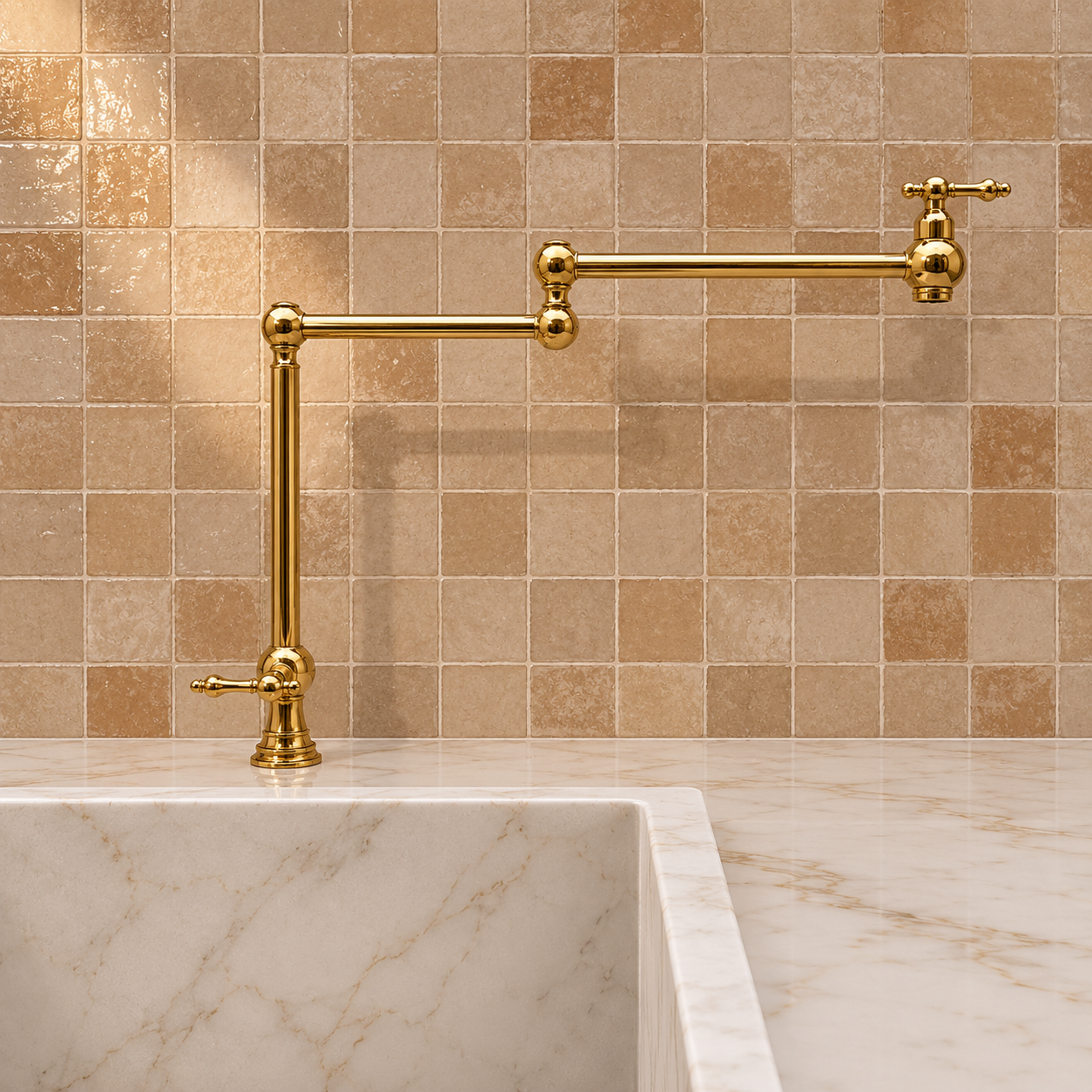 Handmade freestanding unlacquered solid brass deck-mounted pot filler faucet with double swing arms and dual lever handles installed beside a marble kitchen sink.