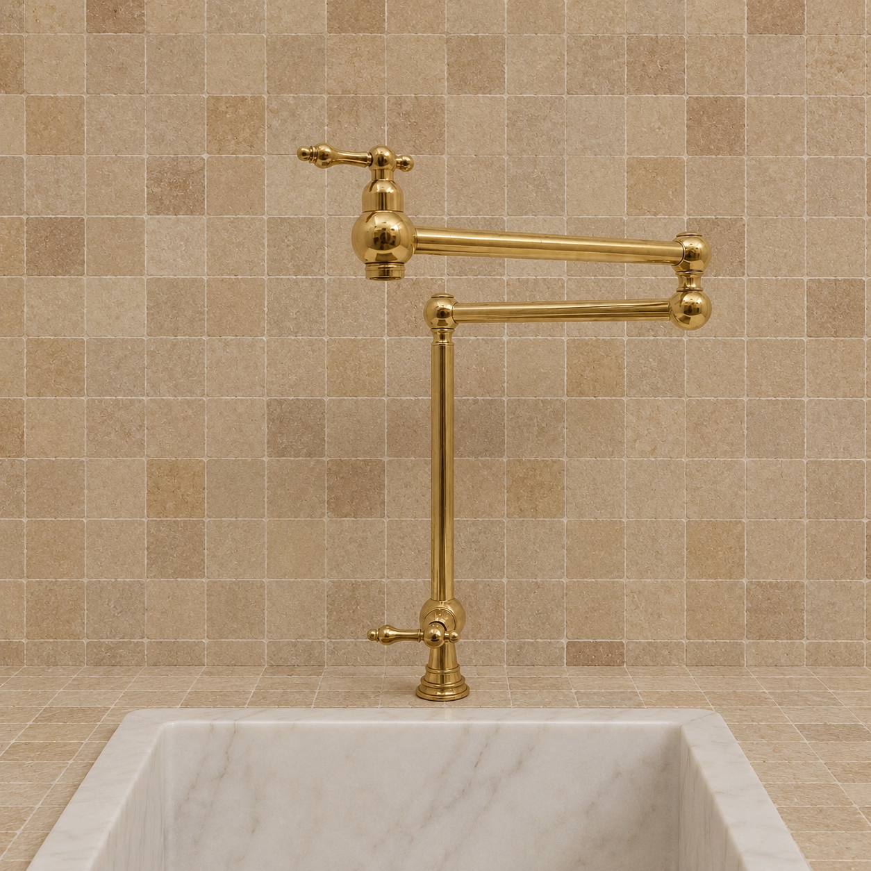 Handmade freestanding unlacquered solid brass deck-mounted pot filler faucet with double swing arms and dual lever handles installed beside a marble kitchen sink.