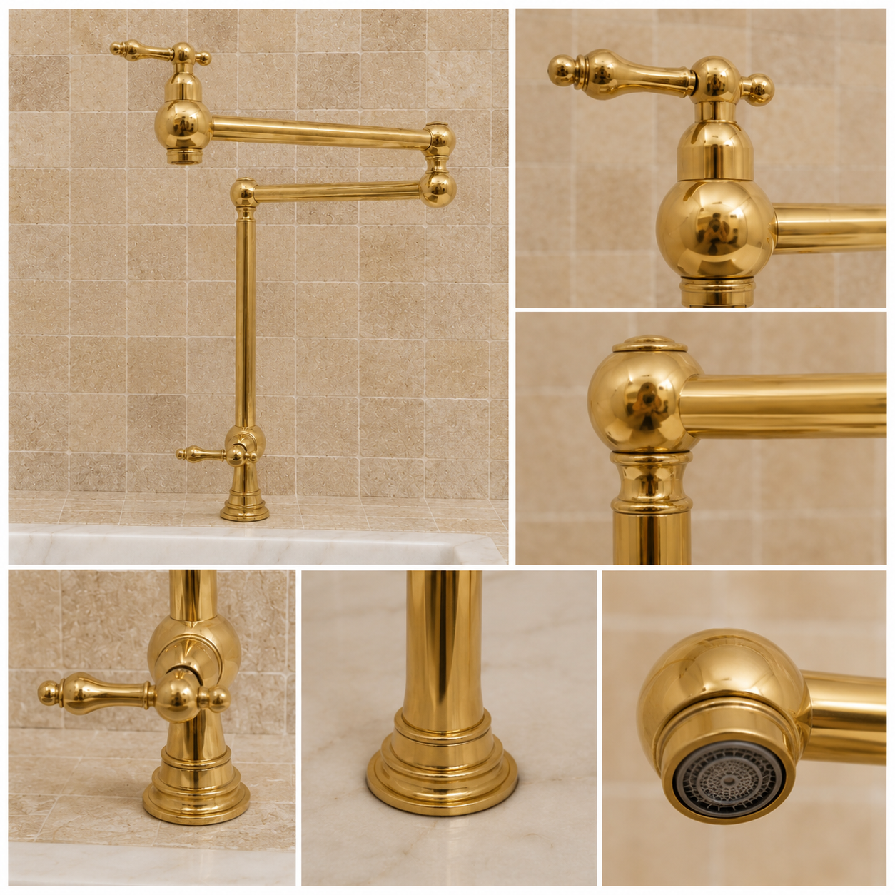 Handmade freestanding unlacquered solid brass deck-mounted pot filler faucet with double swing arms and dual lever handles installed beside a marble kitchen sink.