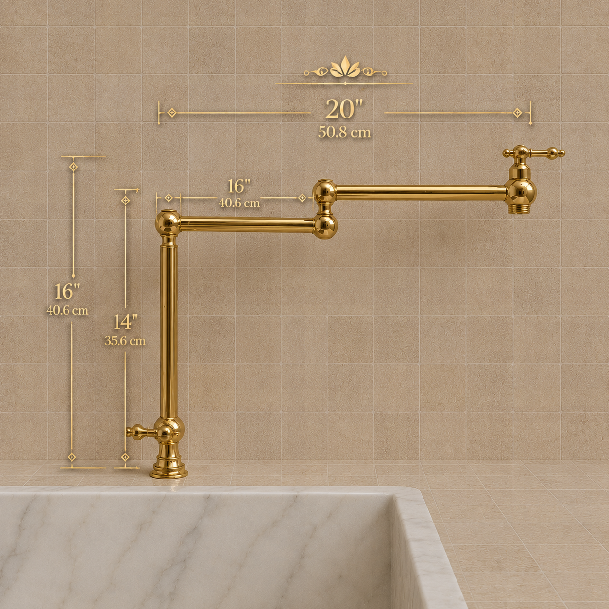 Handmade freestanding unlacquered solid brass deck-mounted pot filler faucet with double swing arms and dual lever handles installed beside a marble kitchen sink.