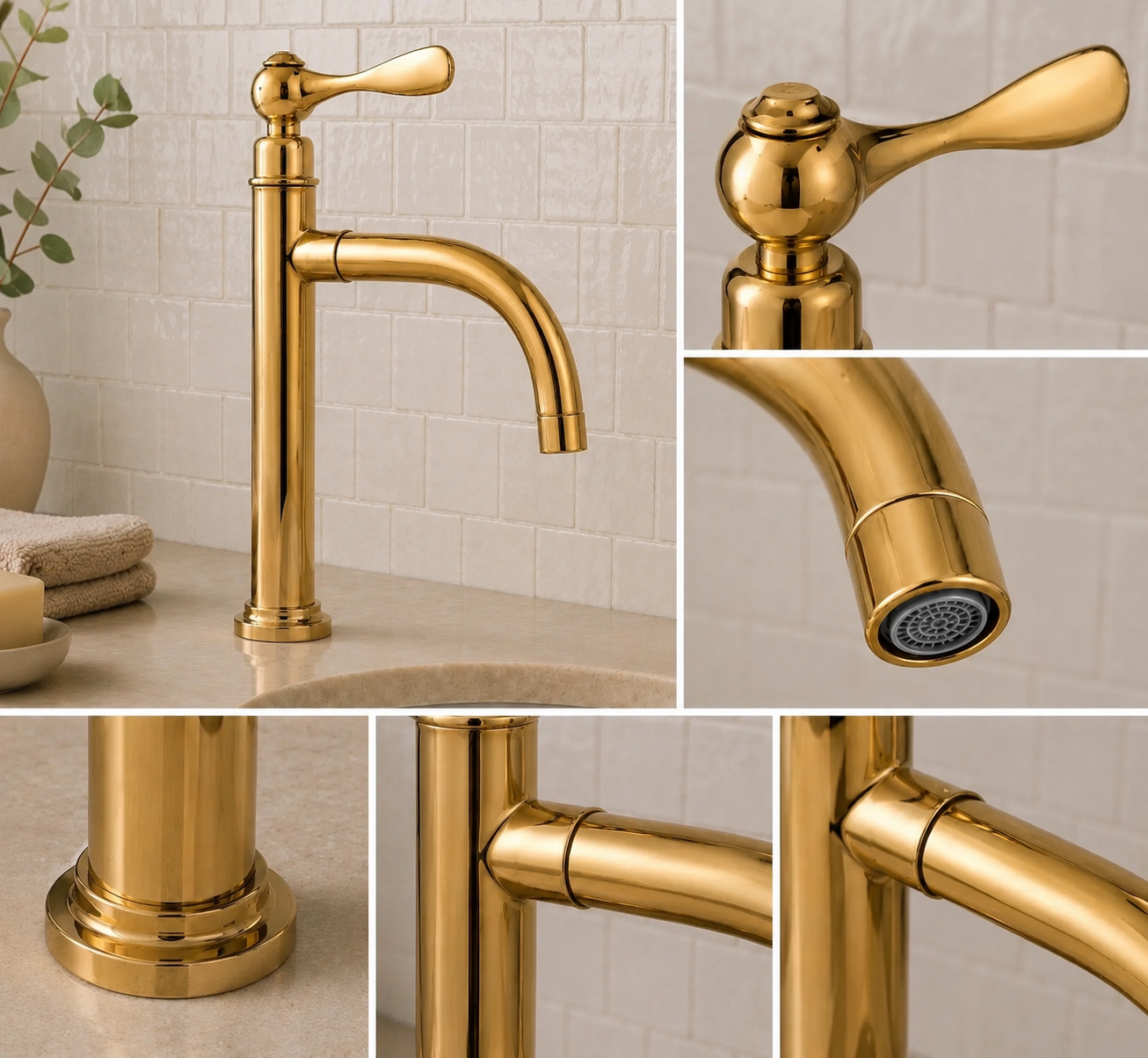 A collage showing a polished gold bathroom faucet from multiple angles, including a full view on a countertop, a close-up of the handle, the spout tip, the base, and a detail of the spray nozzles.
