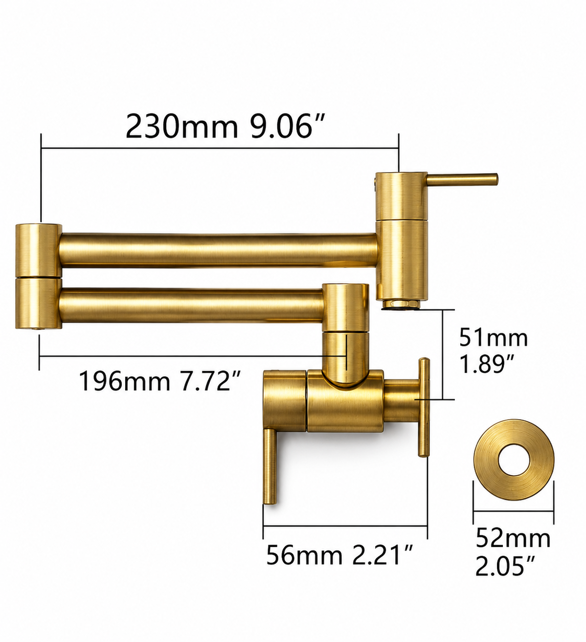 Modern handmade unlacquered solid brass wall-mounted pot filler faucet with dual swing arms and minimalist design for luxury kitchens.