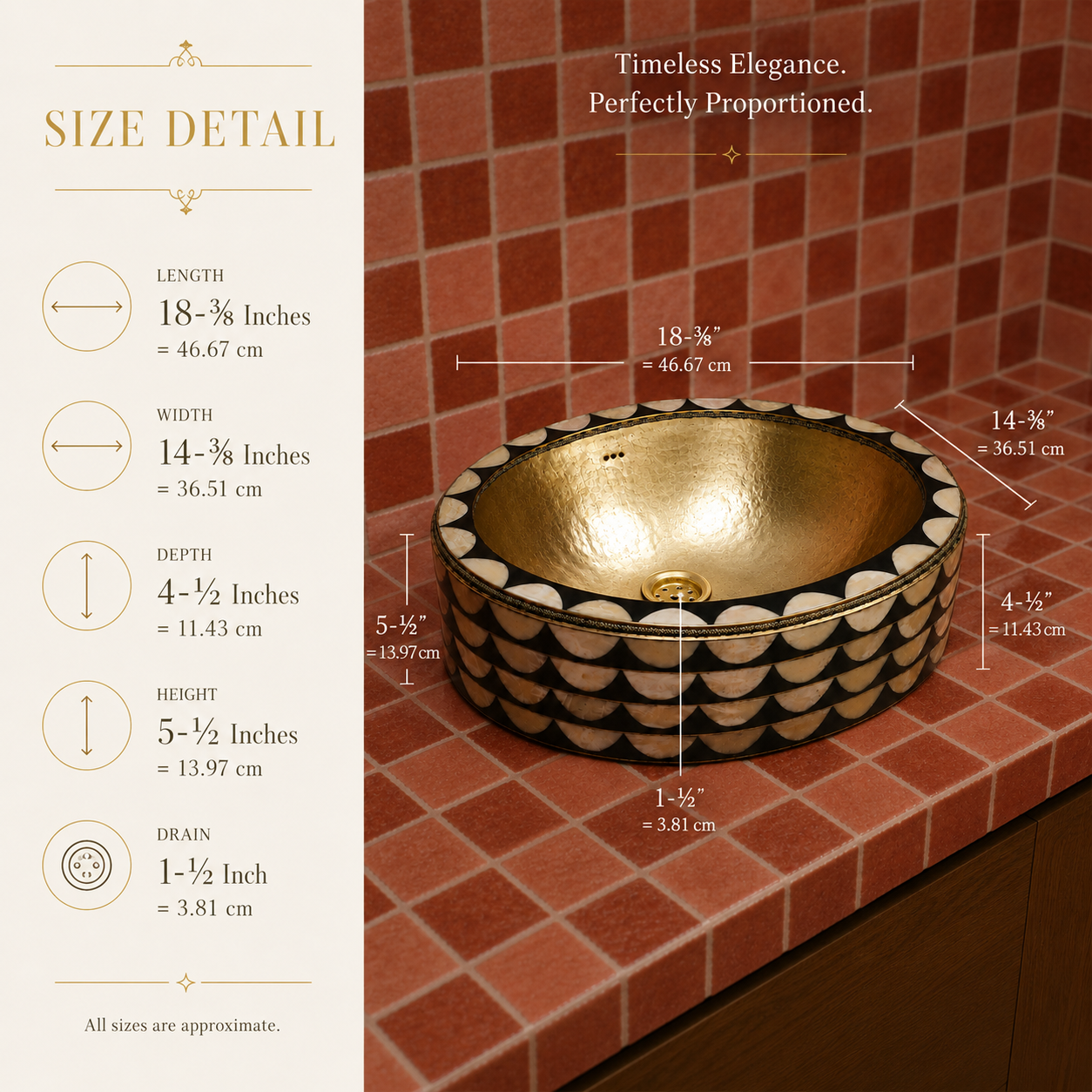 A decorative round vessel sink with a hammered gold interior and a black-and-white scalloped patterned exterior, shown installed on a red-brown tiled countertop. The left side includes a size detail panel with measurements for length, width, depth, height, and drain.