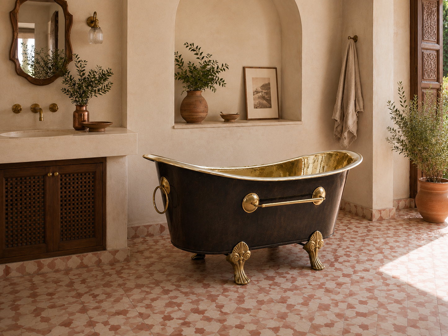 A freestanding clawfoot bathtub with a glossy black exterior and polished gold interior, set in a rustic bathroom with terracotta tile floors, cream walls, and potted plants.
