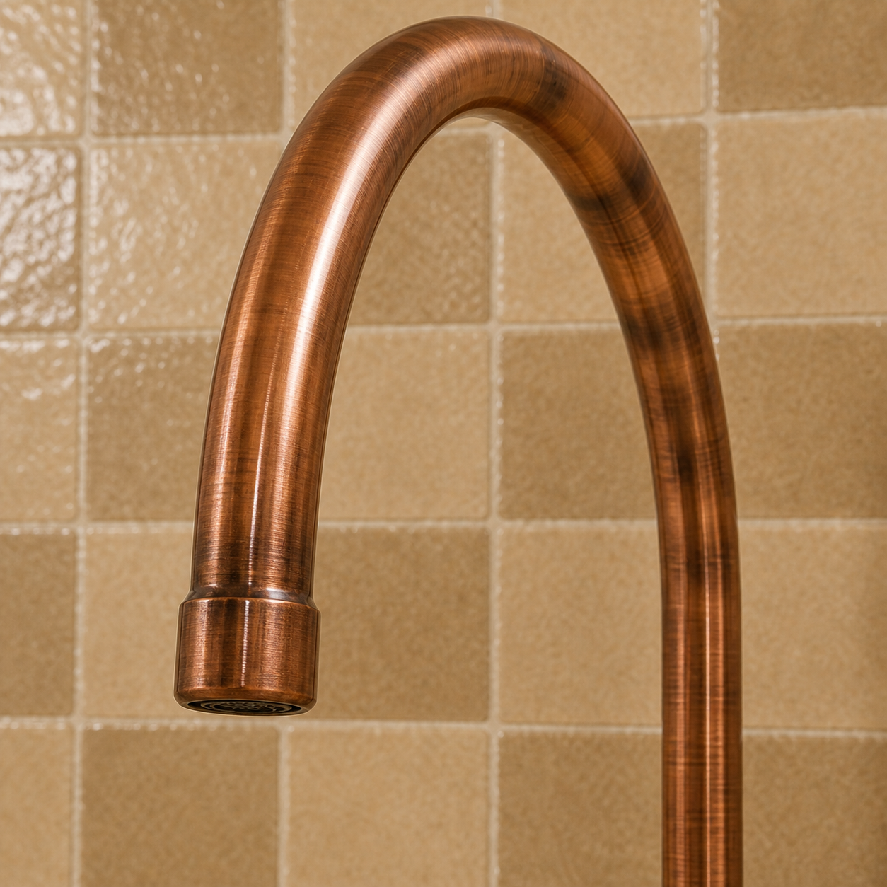 A curved copper faucet with a brushed metallic finish, shown against a beige tiled wall background.
