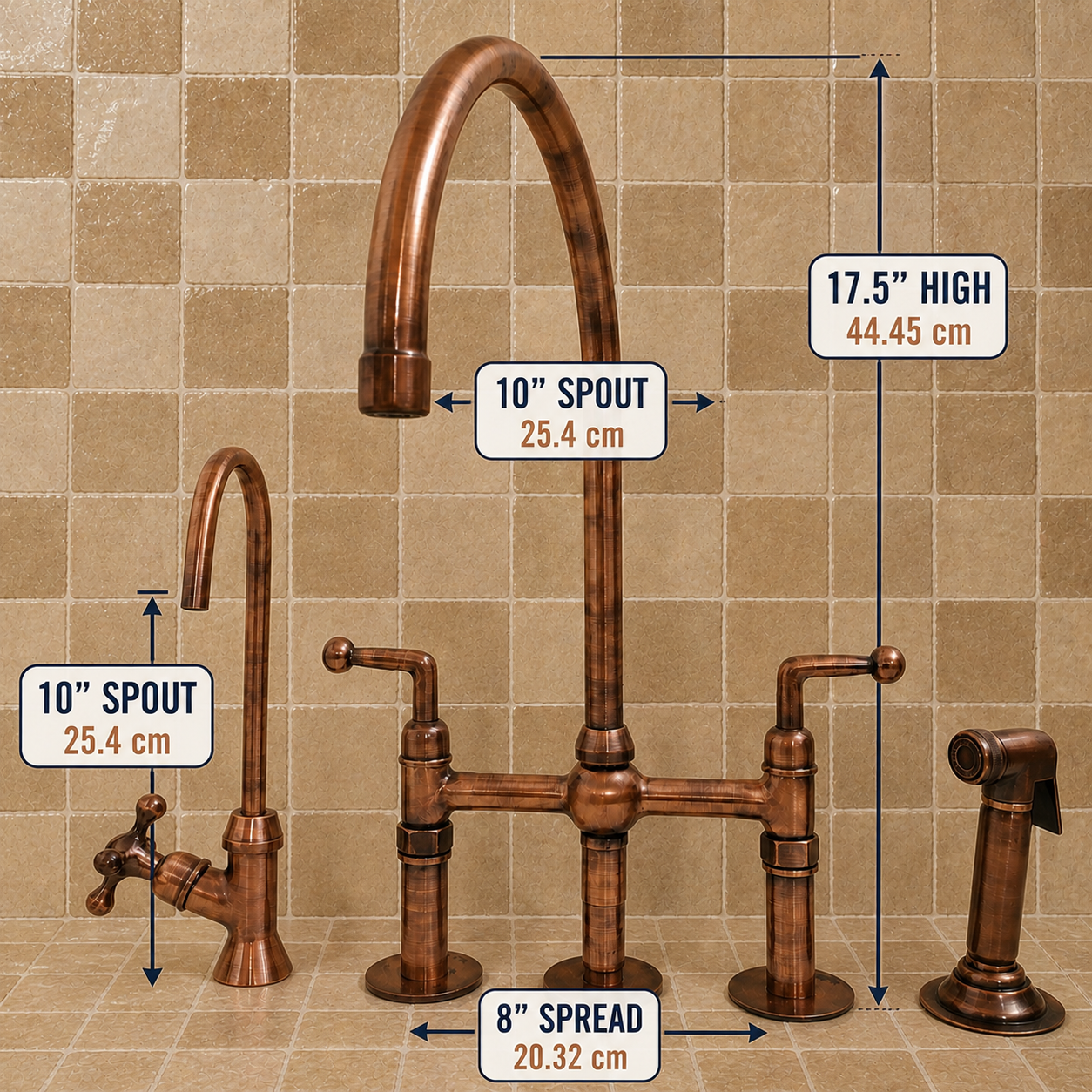 Copper bridge faucet set with dimension callouts showing 17.5 inches high, 10-inch spout, 10-inch sprayer spout, and 8-inch spread, set against a beige tiled backsplash.