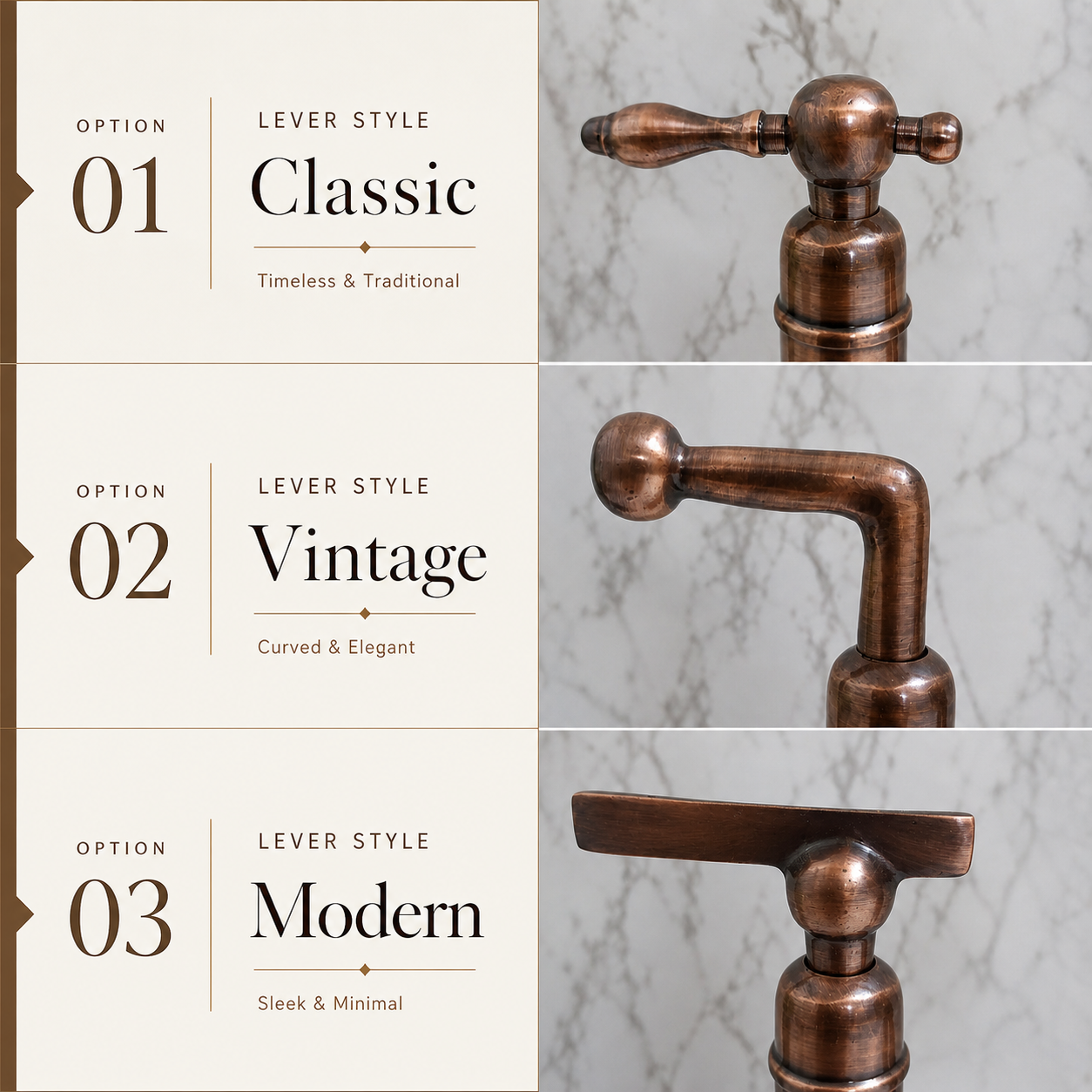 A product comparison graphic showing three lever-style faucet options labeled Option 01 Classic, Option 02 Vintage, and Option 03 Modern, with close-up views of the bronze-finished faucet handles on a light marble background.