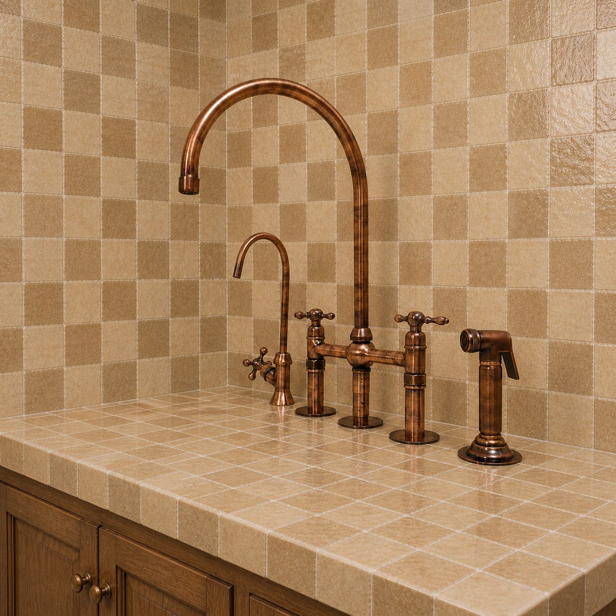 A set of copper kitchen faucets installed on a beige tiled countertop and backsplash, including a tall gooseneck main faucet, a smaller auxiliary faucet, a bridge valve, a side sprayer, and wooden cabinets below.