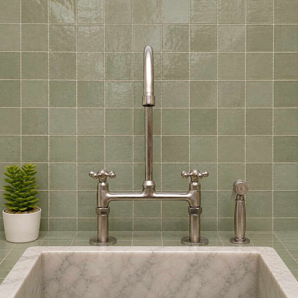 A polished nickel bridge faucet with a tall gooseneck spout, two cross-handle sinks, and a matching side sprayer, installed in a white marble sink against a green tiled backsplash.