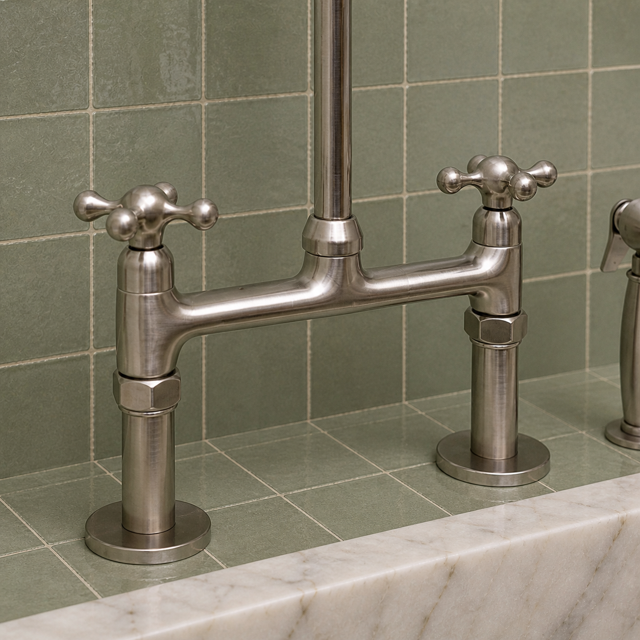 A polished nickel bridge faucet with two cross handles and a central spout, installed on a white marble countertop against a green tiled backsplash.