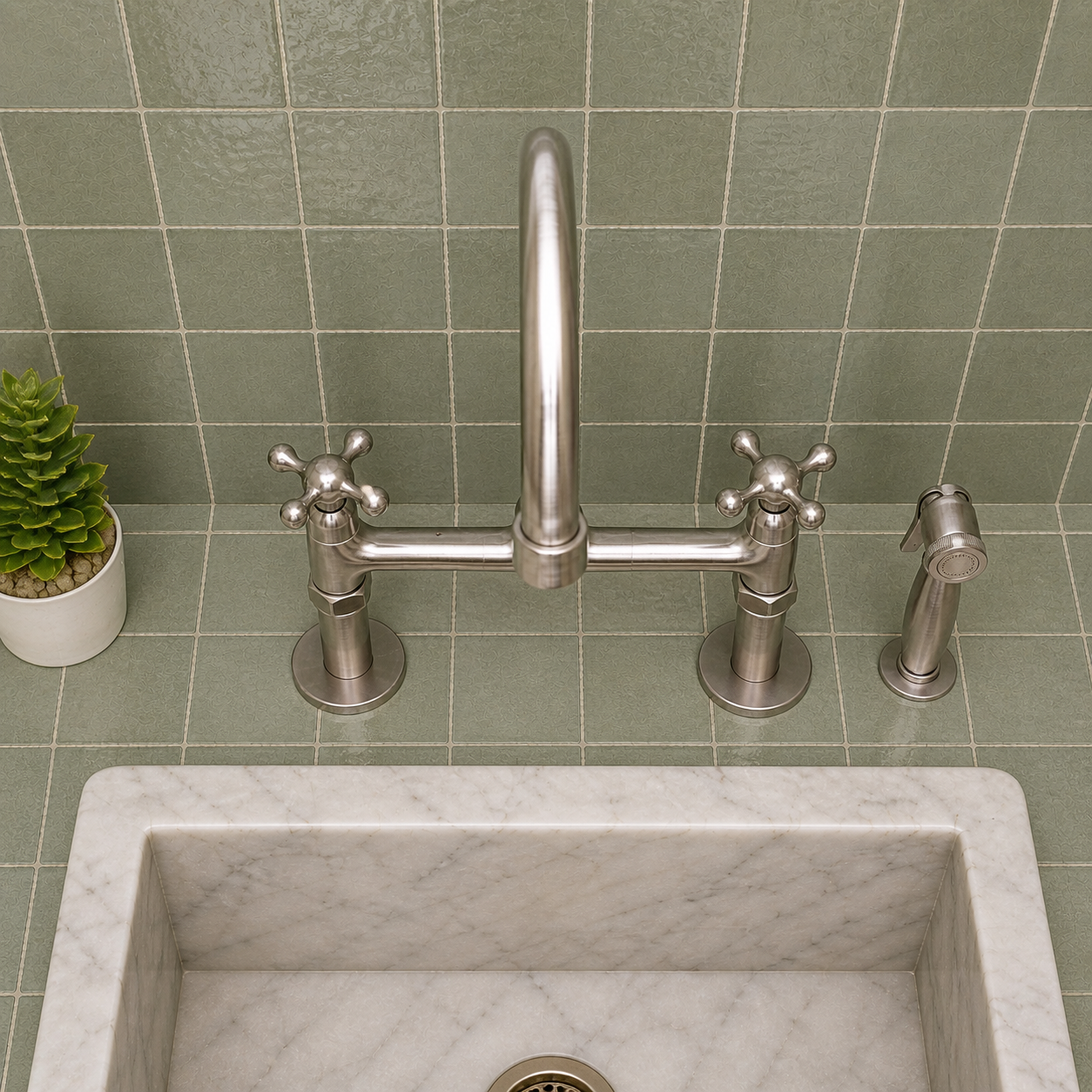 A polished nickel bridge faucet set with a tall central spout, two cross-handle cold faucets, and a separate spray nozzle, installed above a white marble sink against a green tiled wall.