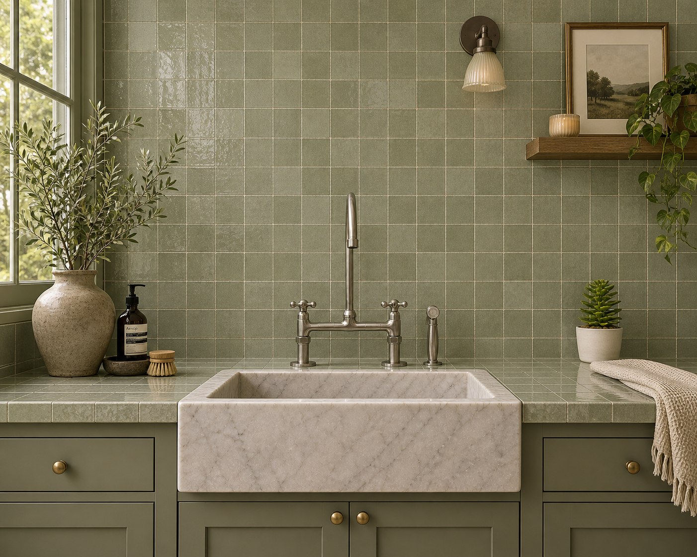 A farmhouse-style kitchen sink with a white marble apron-front basin and a tall polished steel faucet, installed in a sage green cabinet with a matching green tiled backsplash. Decorative plants, a vase, and wall art are visible in the kitchen setting.