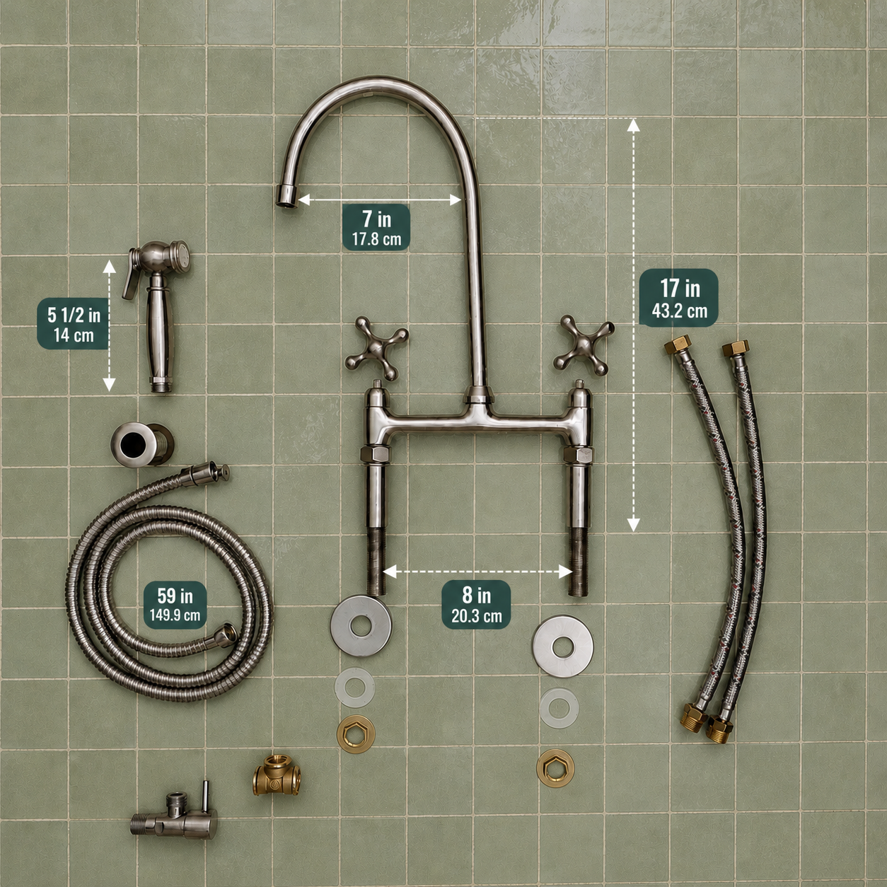 A sink faucet hardware kit laid out on a green tiled background, including a curved faucet body, cross handles, shower sprayer, flexible supply lines, washers, nuts, and connectors. Measurement callouts with dimensions are overlaid on several components.