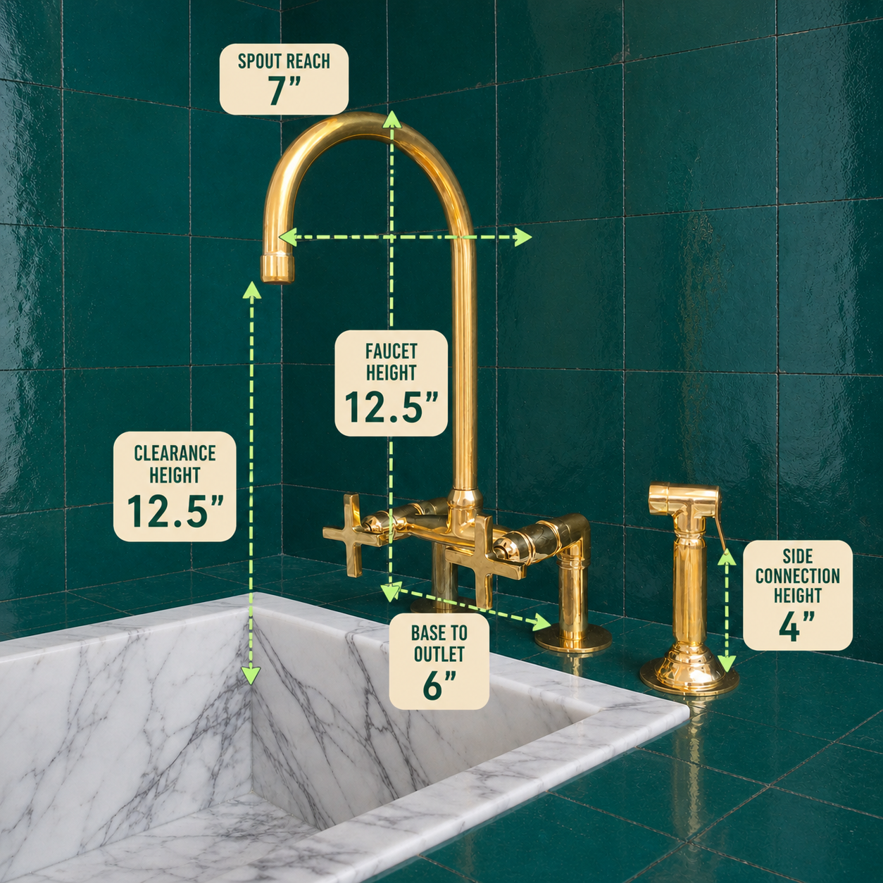 Gold bathroom faucet set with dimension callouts showing spout reach 7 inches, faucet height 12.5 inches, clearance height 12.