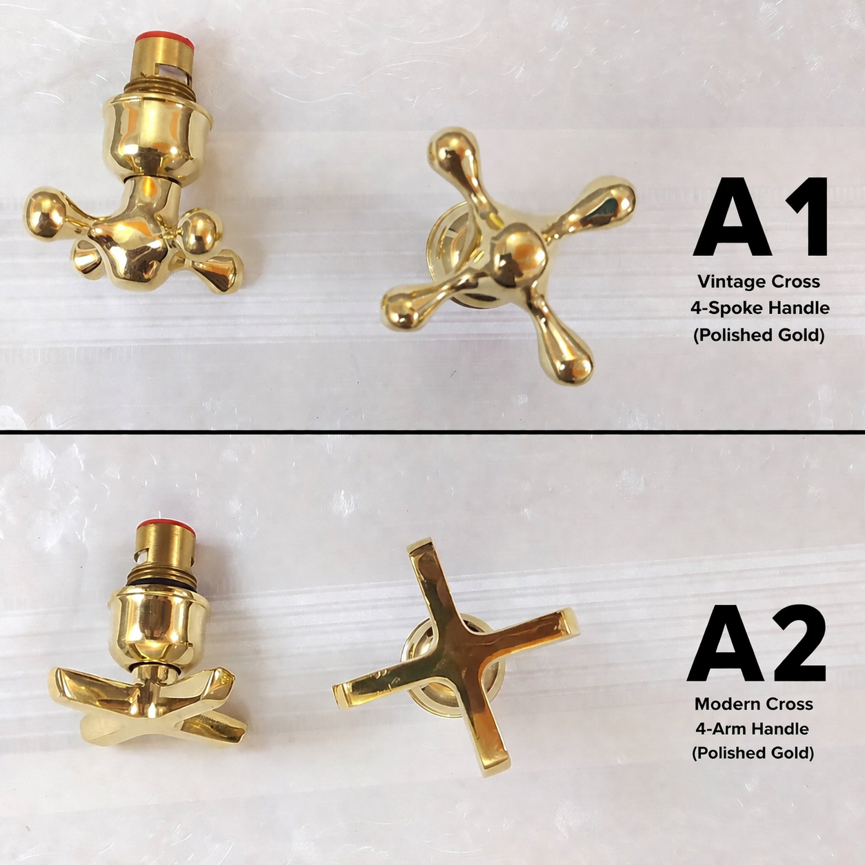 Two sets of polished gold faucet cross handles shown on a white textured background, labeled A1 as vintage 4-spoke handle and A2 as modern 4-arm handle.