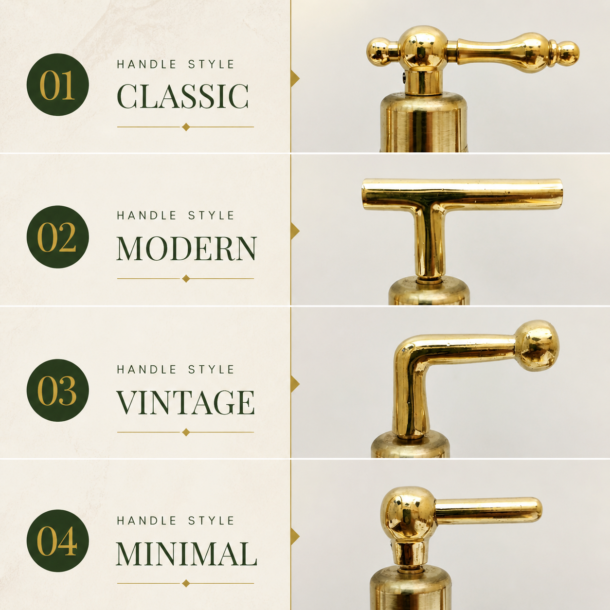 A four-panel product comparison graphic showing different faucet handle styles in polished gold/brass tone: Classic, Modern, Vintage, and Minimal, with text labels on the left and close-up views of the handles on the right.