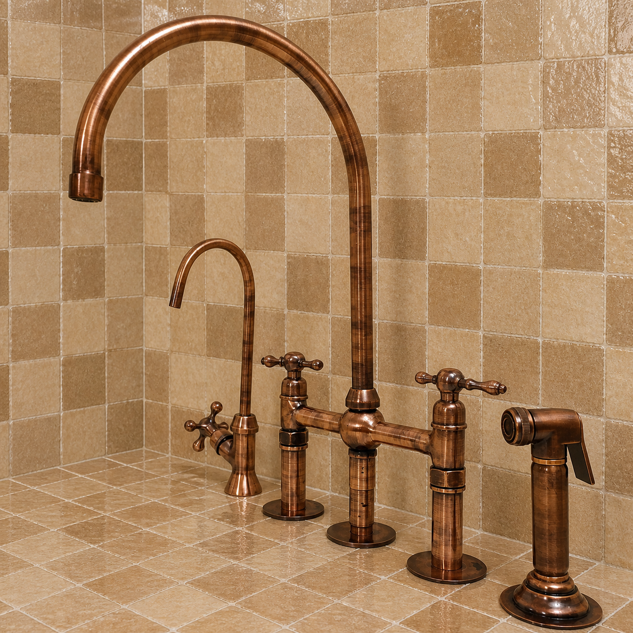 A traditional bridge faucet set with a tall arched spout, a smaller side spout, two cross handles, and a separate handheld shower attachment, all in a warm bronze finish mounted against beige tiled walls and floor.