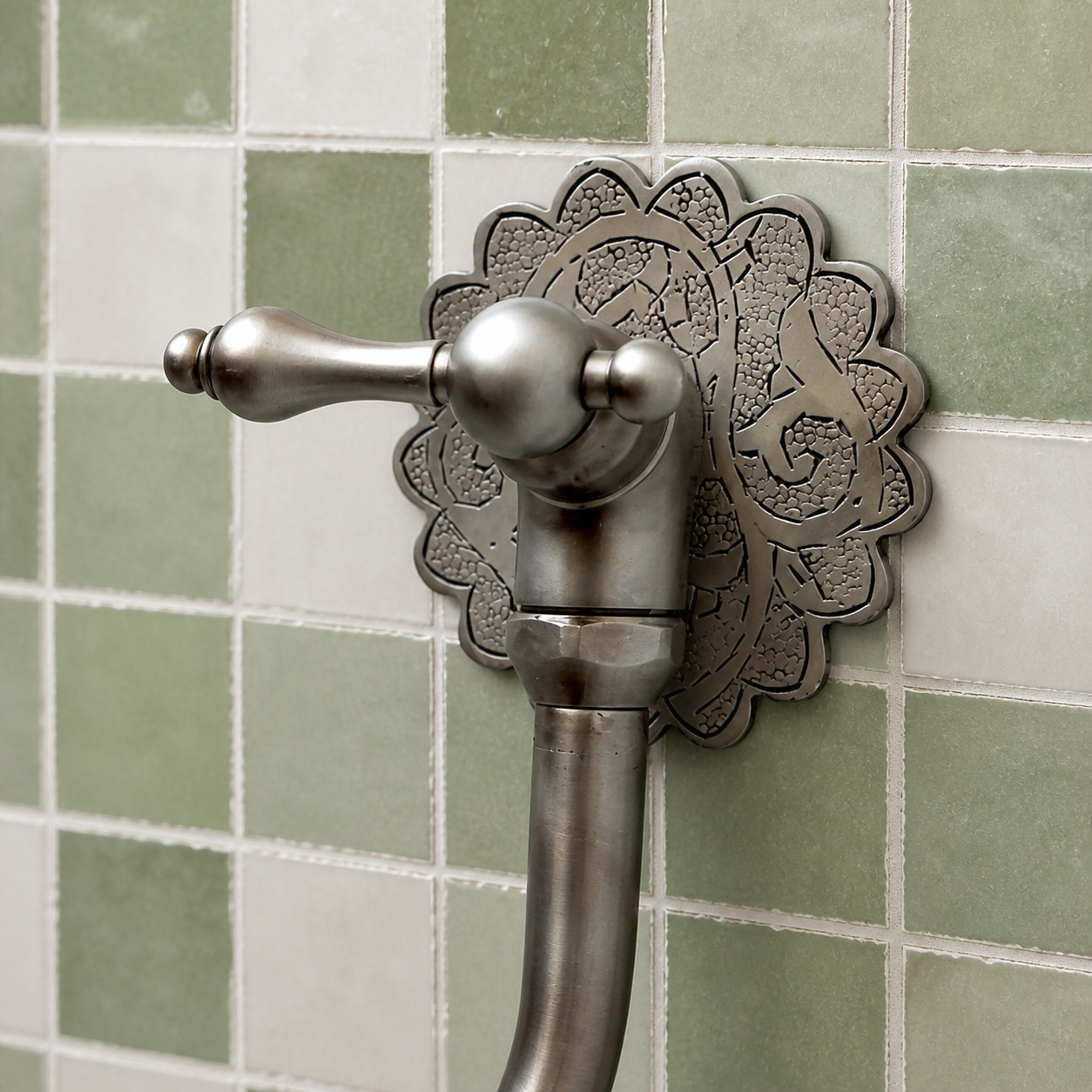 Handmade brushed nickel solid brass wall-mounted pot filler faucet with decorative Moroccan engraved backplate and curved swivel spout.