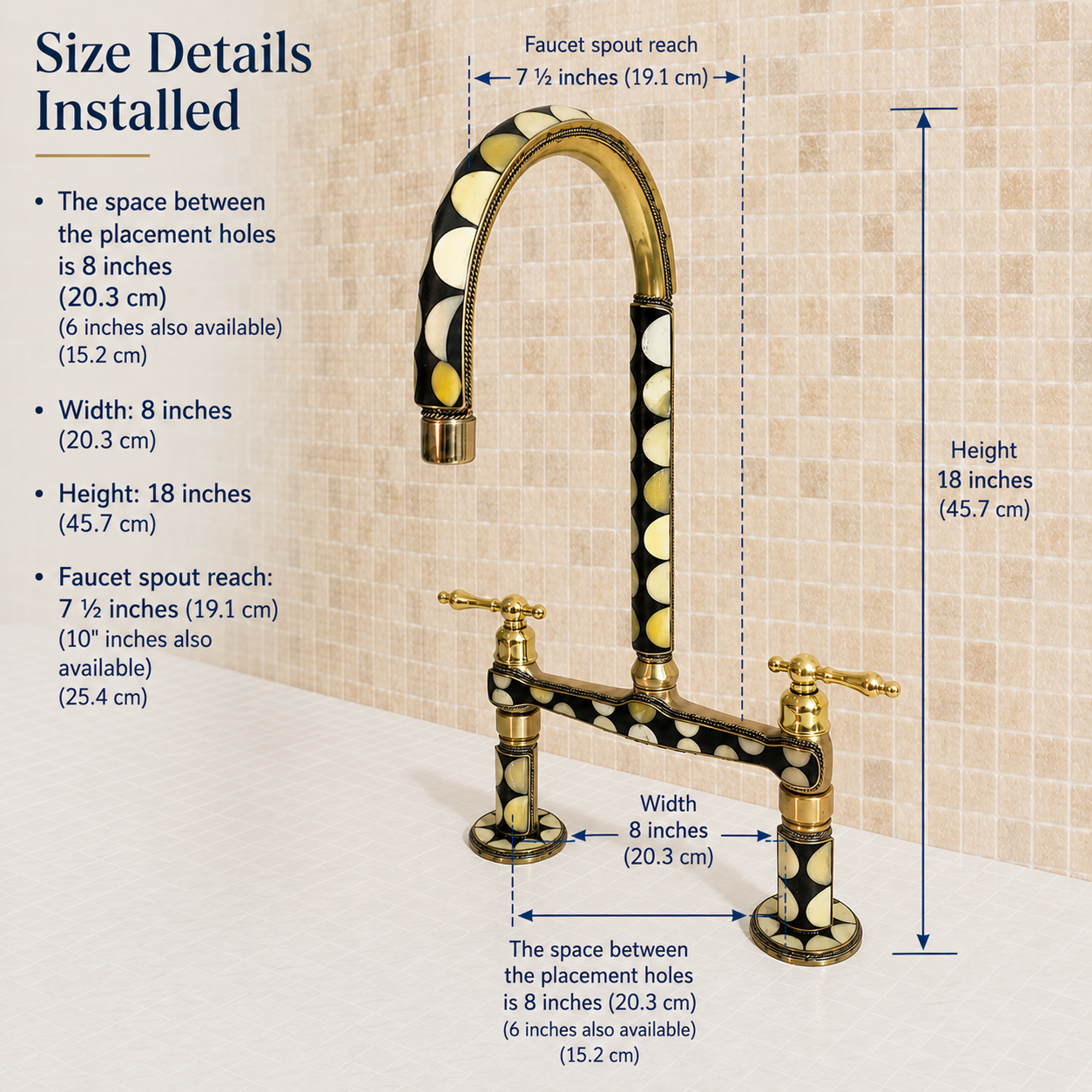 A brass and black mosaic faucet set shown with overlaid dimension callouts and text detailing measurements for faucet spout reach, width, and height on a beige tiled background.