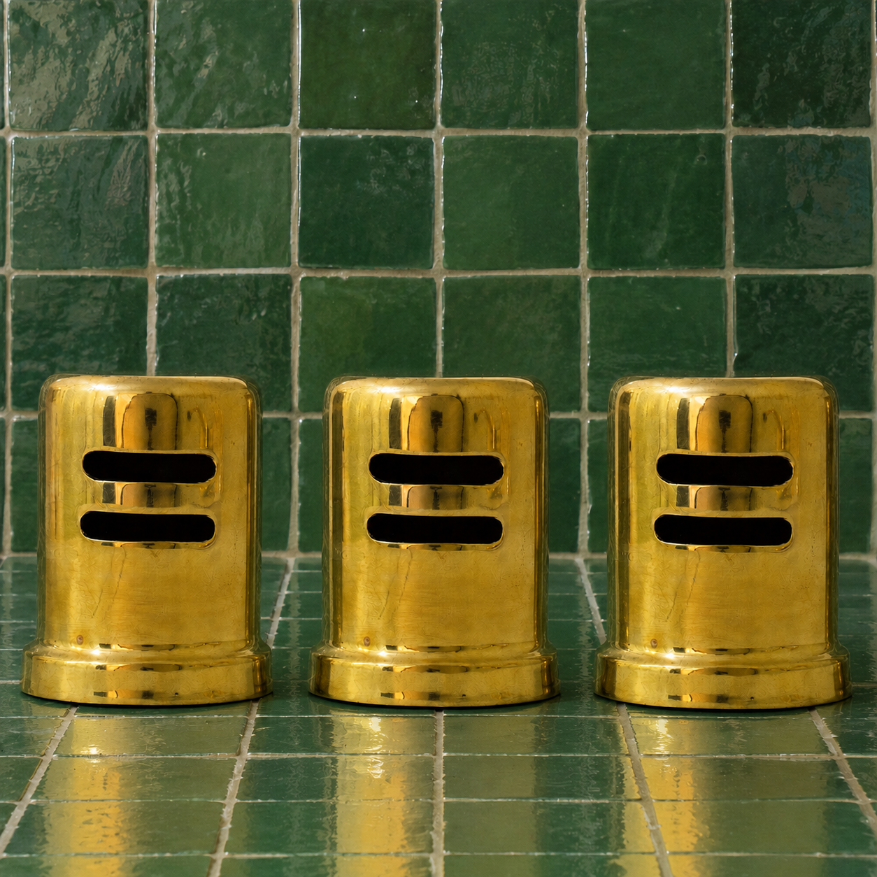 Three gold metal cylindrical containers with horizontal slots on the front, arranged side by side on a green tiled surface against a matching green tiled background.