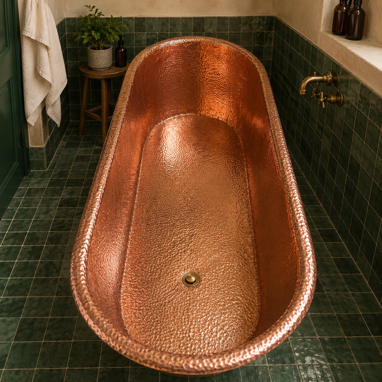 A hammered copper freestanding bathtub shown in a tiled bathroom with dark green wall and floor tiles, brass fixtures, a small side table with a plant, and a white towel.