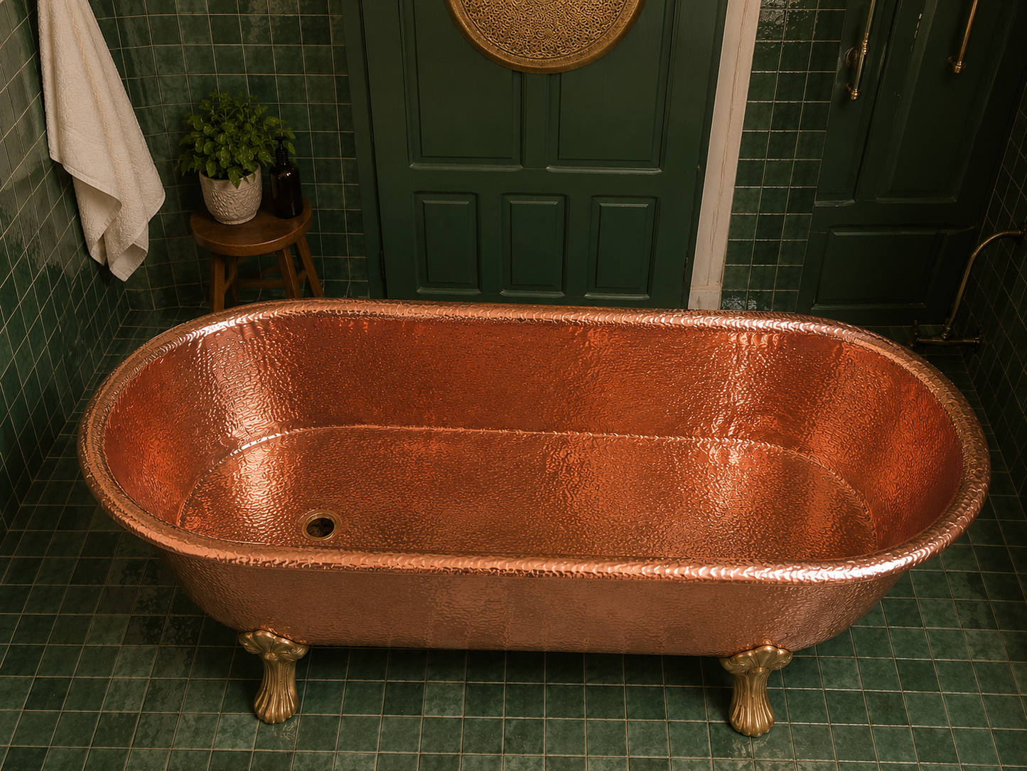 A hammered copper freestanding bathtub with claw feet, set in a tiled bathroom with dark green walls and floor.