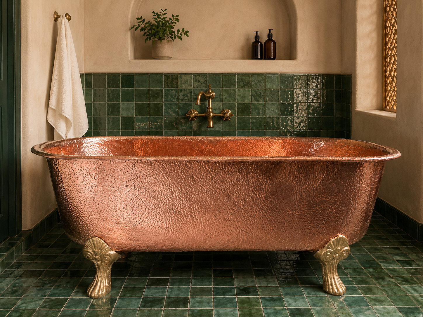 A freestanding copper clawfoot bathtub with ornate gold-toned feet, set in a bathroom with green tiled walls and floor, a brass faucet, and a white towel hanging on the left.