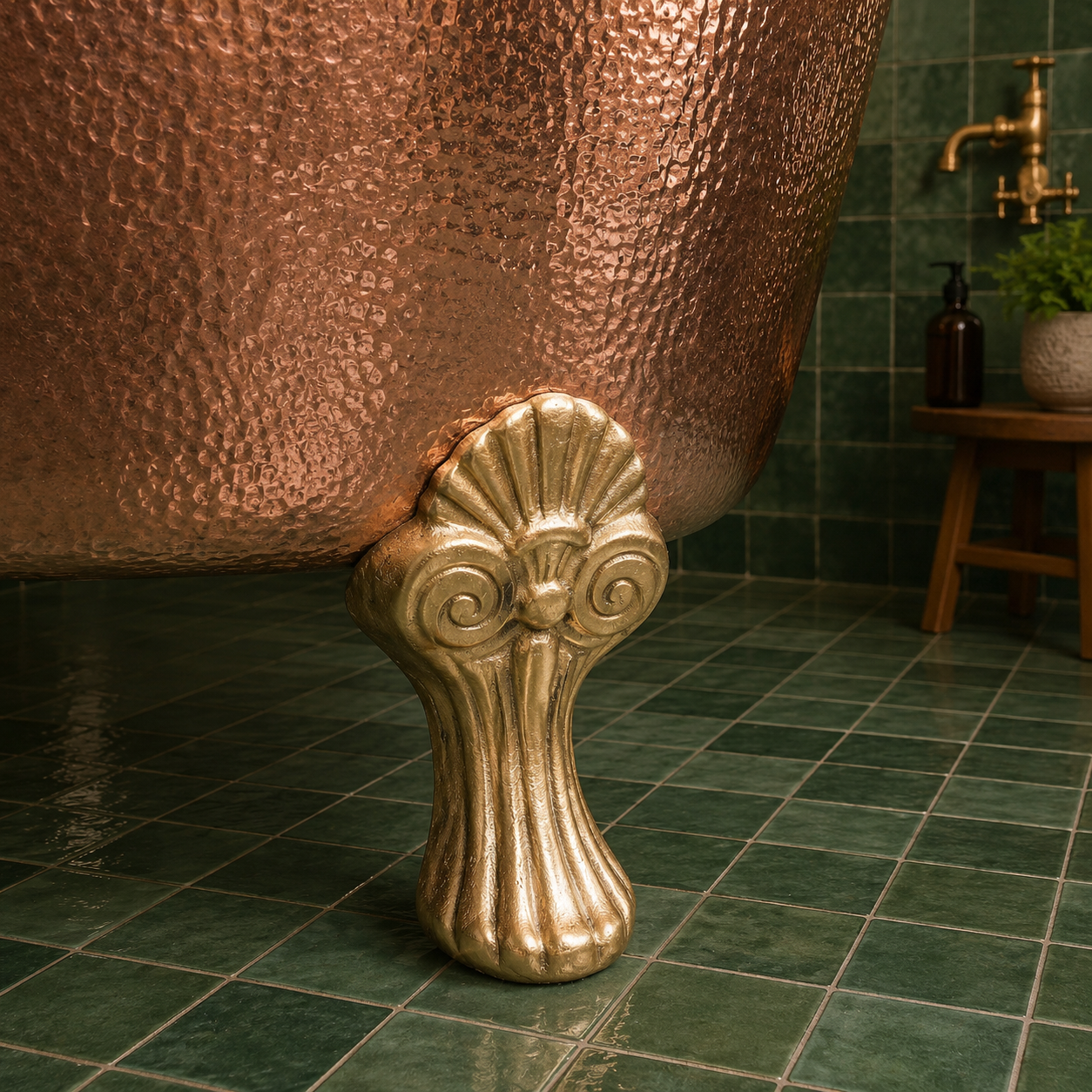 A hammered copper freestanding bathtub shown from below, supported by an ornate gold-toned scrollwork pedestal foot, set in a tiled bathroom with green floor and wall tiles.