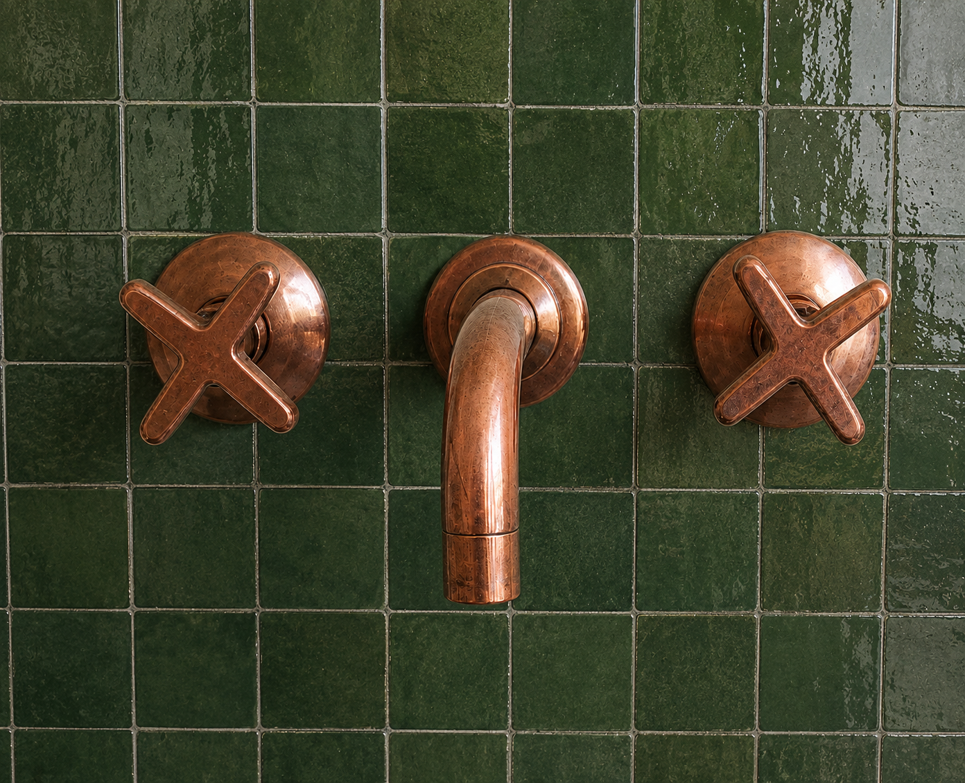 Copper three-hole bathroom faucet set with two cross handles and a central spout, mounted on a glossy dark green tiled wall.