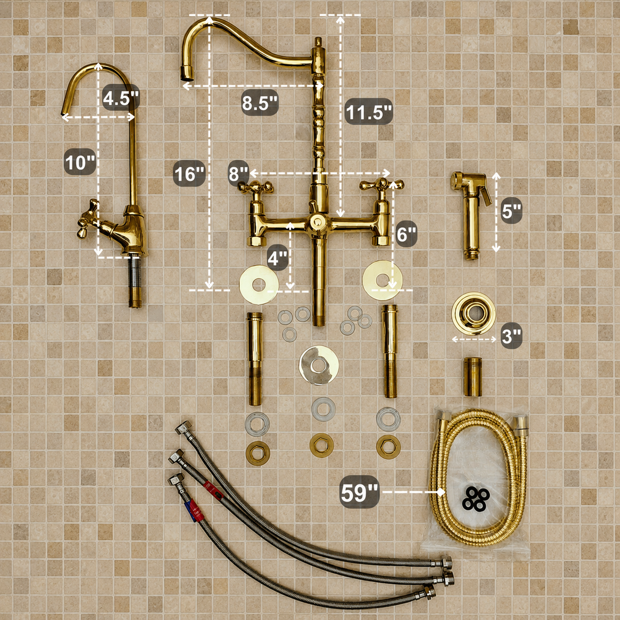 Unlacquered Brass Bridge Kitchen Faucet with Side Sprayer & Cross Handles