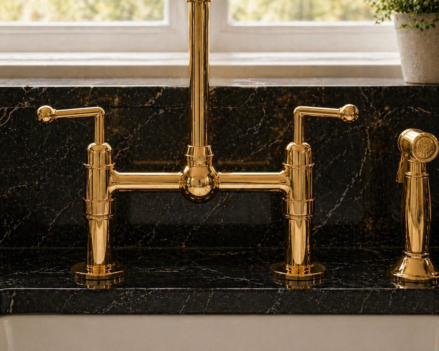 Close-up of solid brass bridge faucet handles