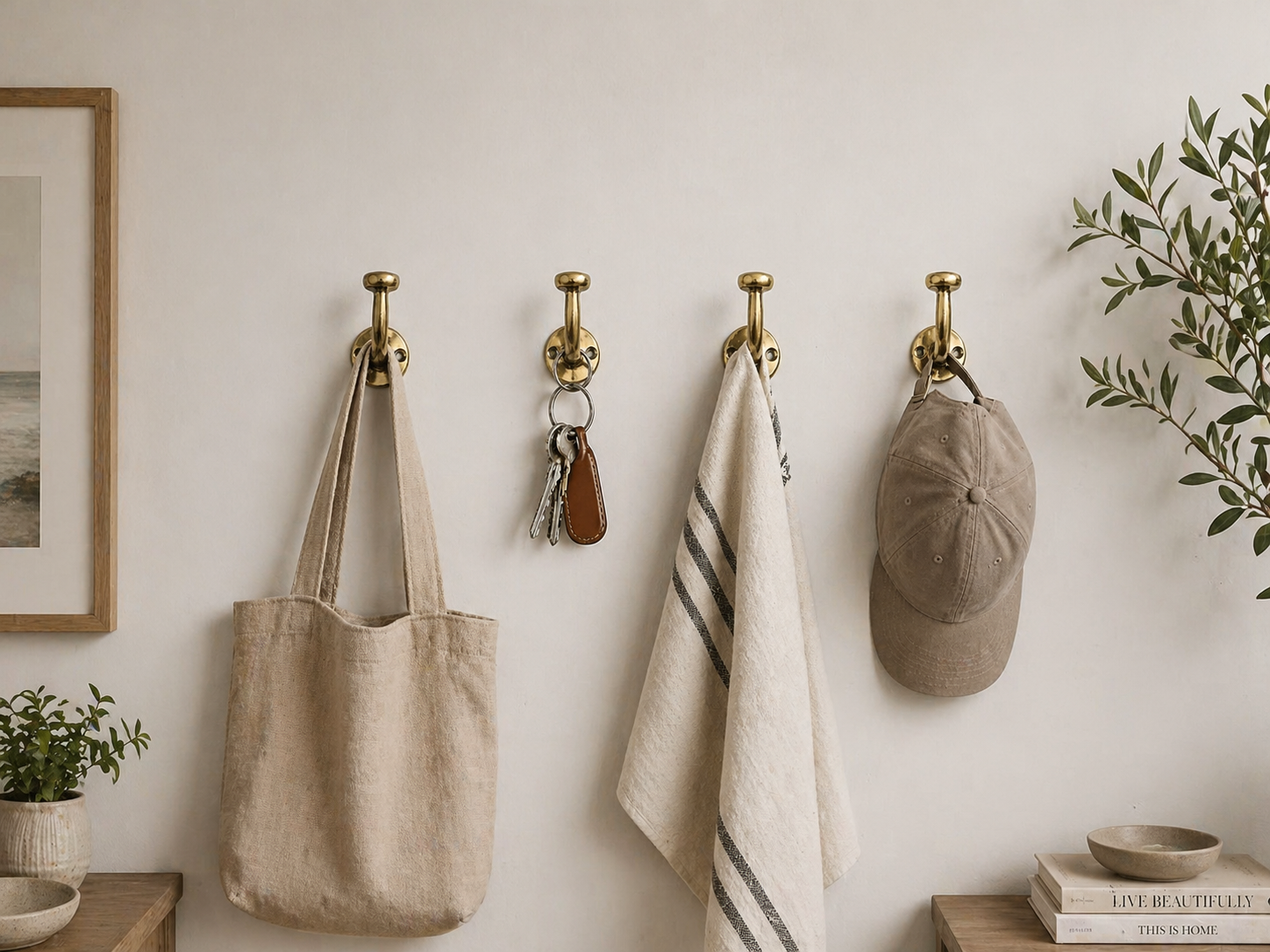 Four handmade Moroccan brass wall hooks mounted in a row on a neutral interior wall