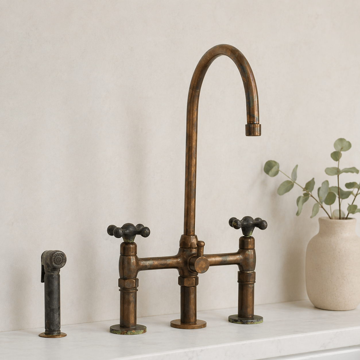 Front view of aged brass bridge kitchen faucet with high-arc spout and side sprayer