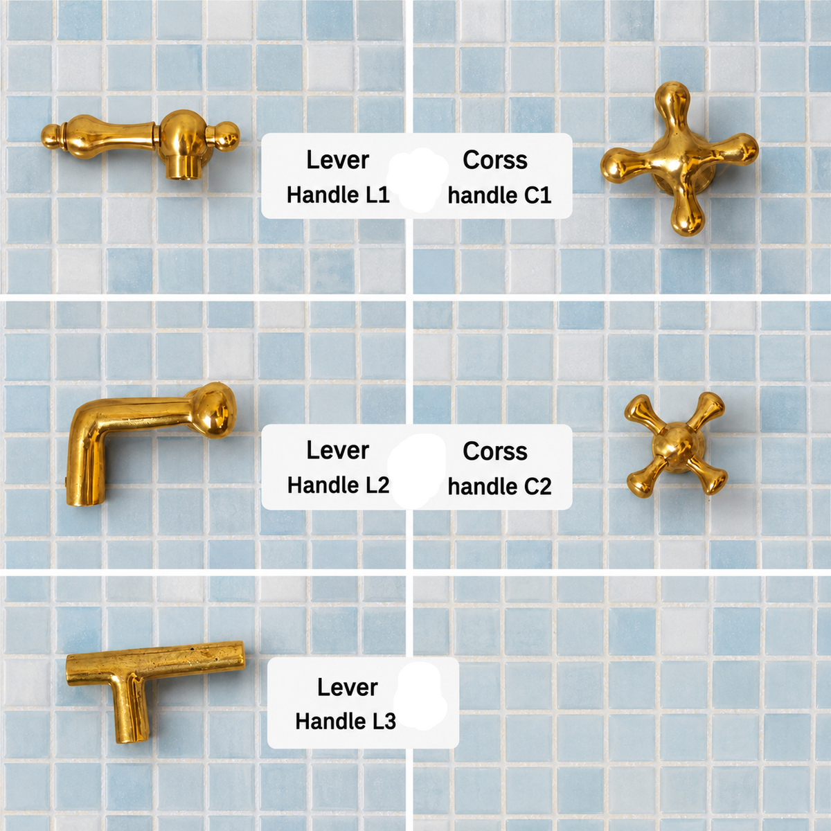 Handle style options for handmade unlacquered brass widespread bathroom faucet including lever and cross handles