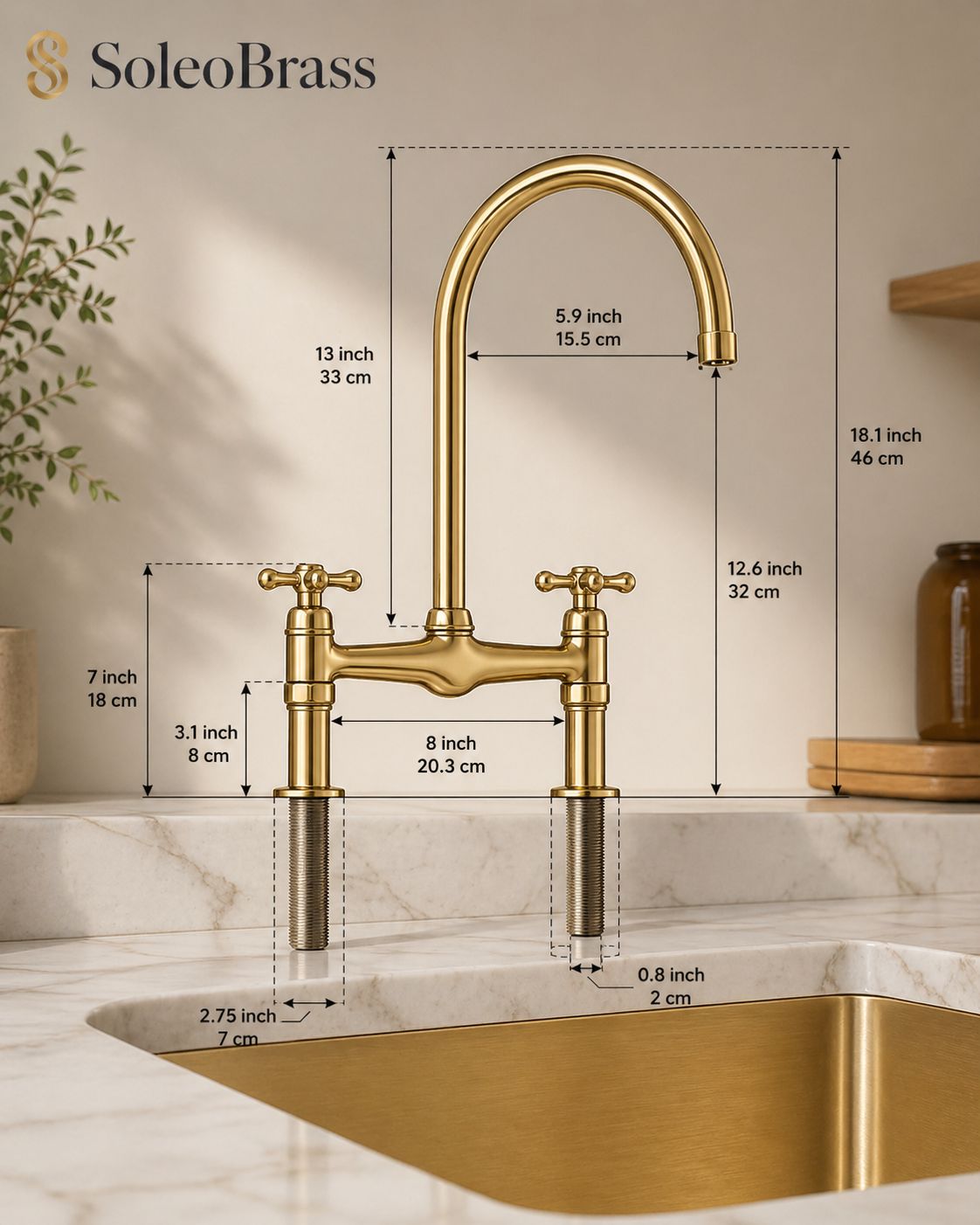 Dimensions of handmade brass bridge kitchen faucet