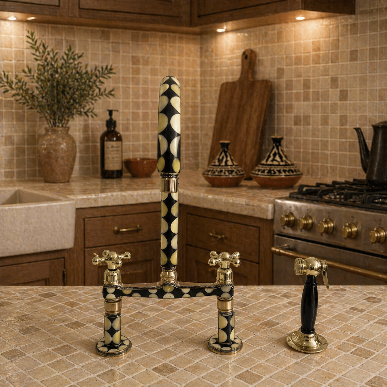 Luxury kitchen featuring a handmade brass bridge faucet with black and bone resin design