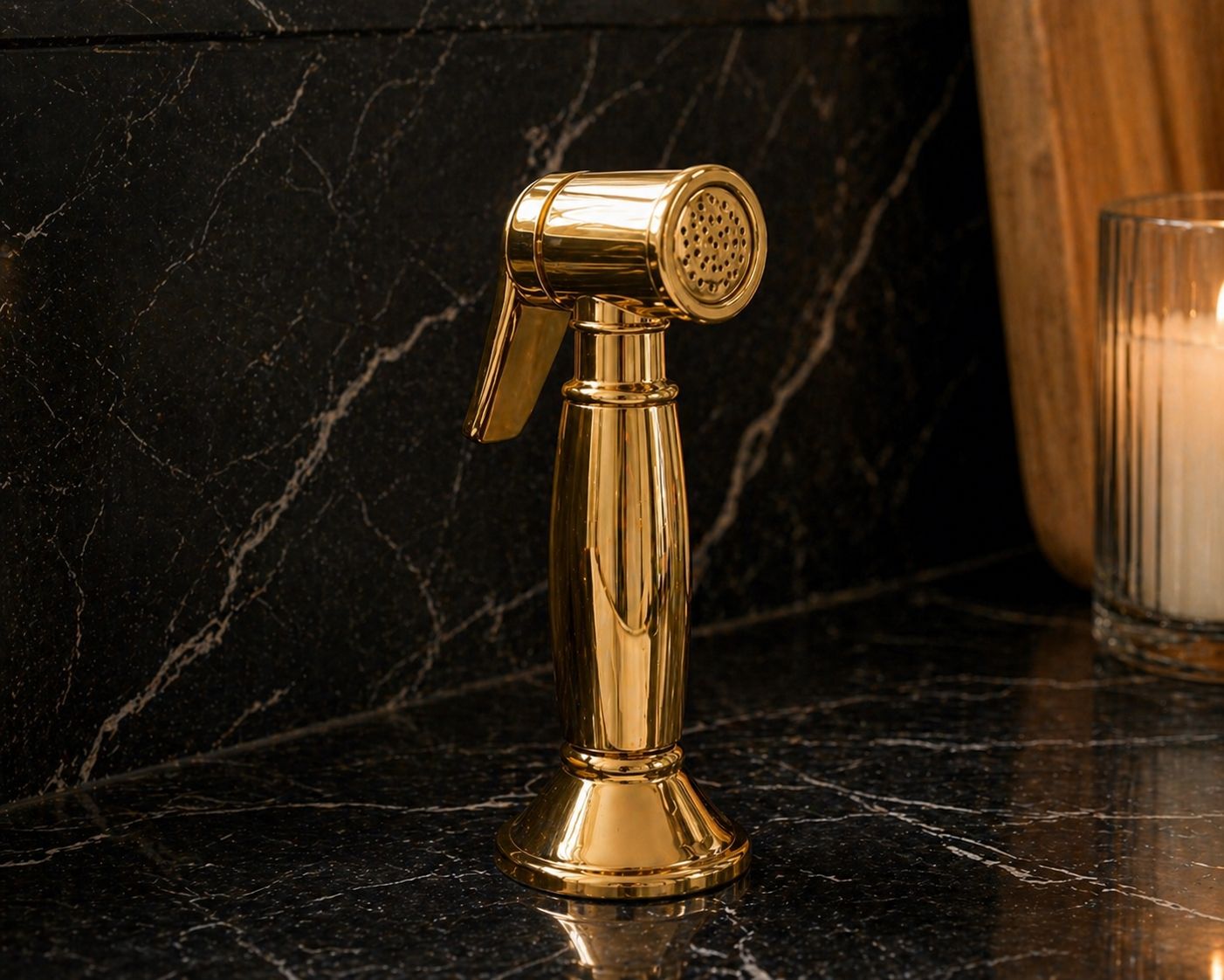Side view of unlacquered brass kitchen faucet