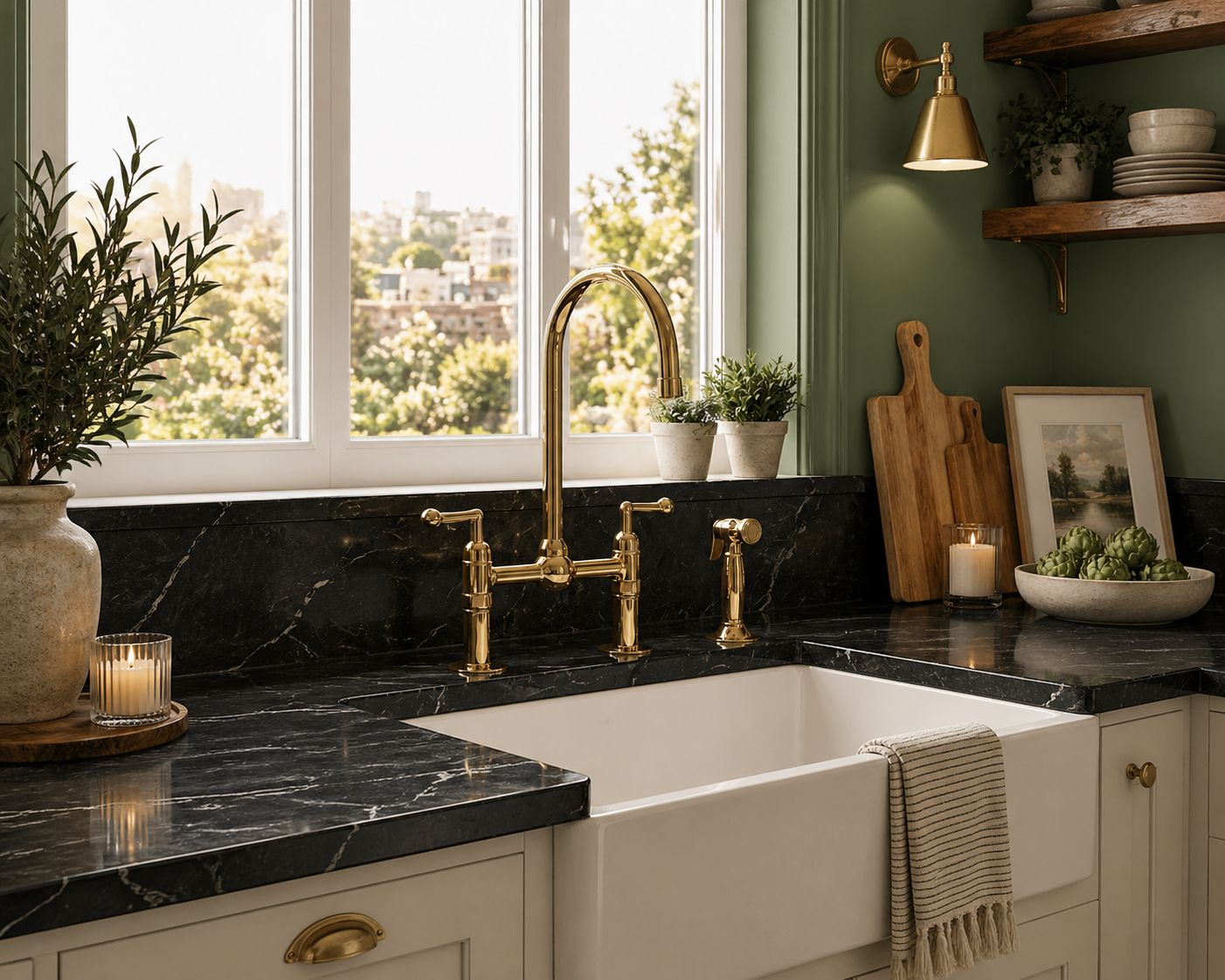 Solid unlacquered brass bridge kitchen faucet with farmhouse sink and black marble countertop
