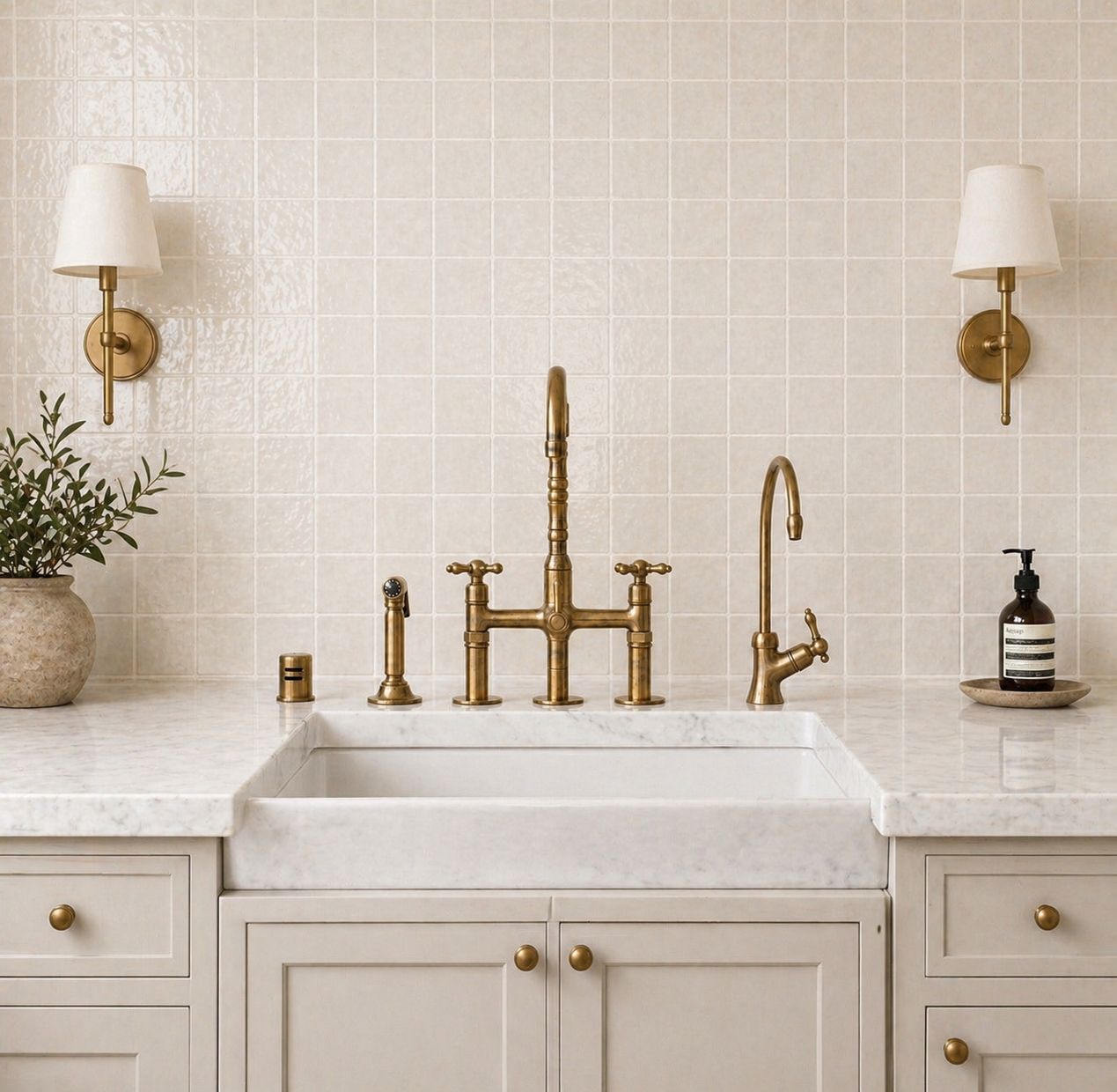 Unlacquered brass bridge kitchen faucet with cross handles and matching handheld side sprayer