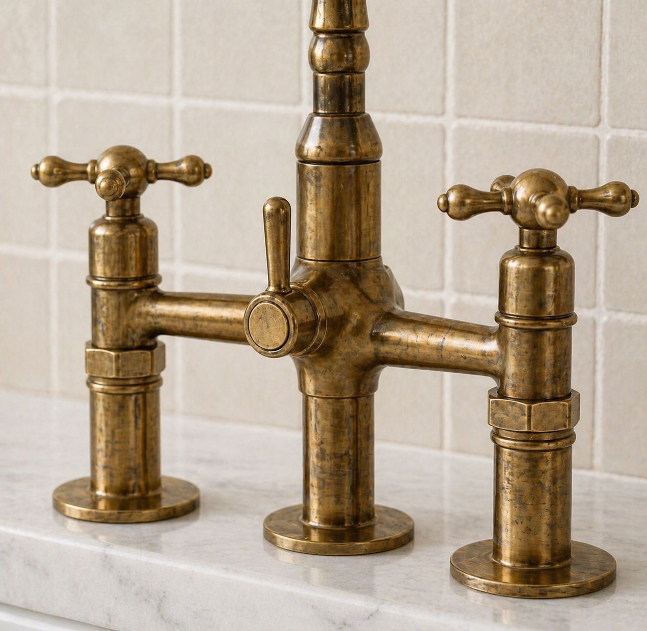 Unlacquered brass bridge kitchen faucet with cross handles and matching handheld side sprayer