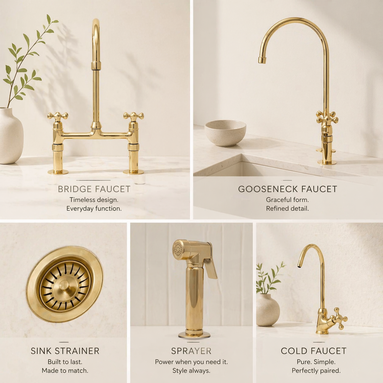 Wide kitchen view with unlacquered brass bridge faucet and side sprayer installed by a farmhouse sink
