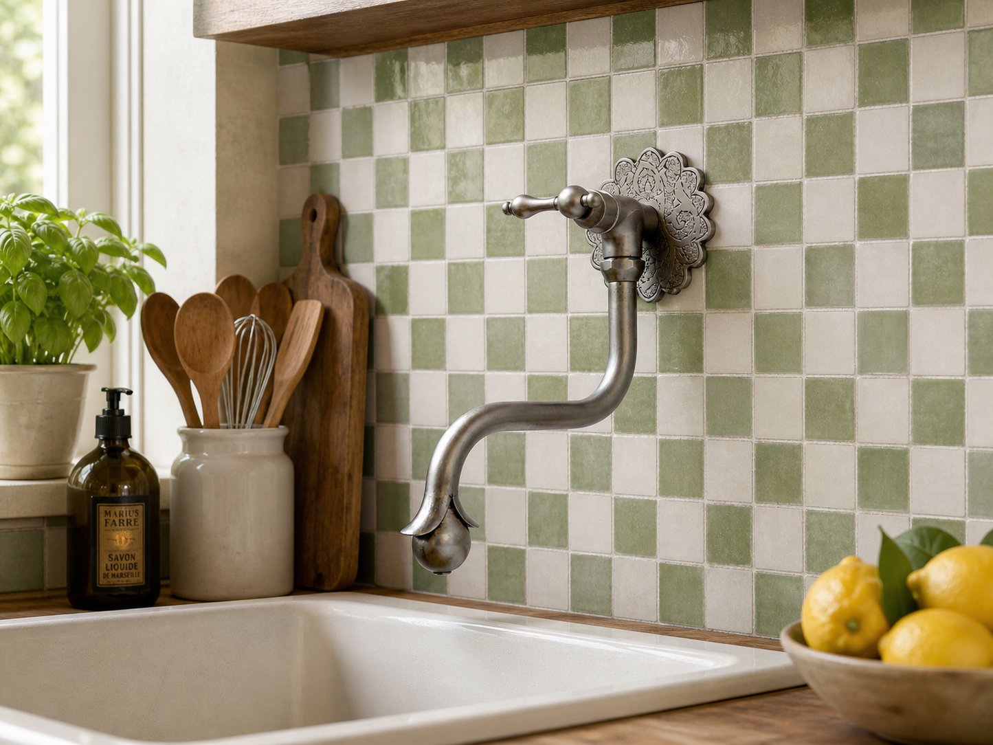 Handmade brushed nickel solid brass wall-mounted pot filler faucet with decorative Moroccan engraved backplate and curved swivel spout.