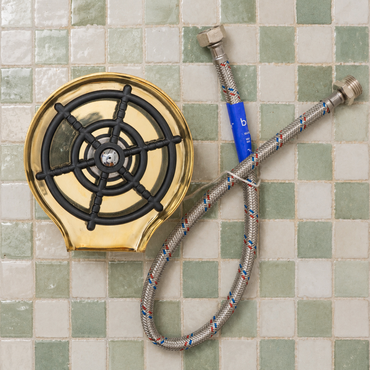Handmade solid brass glass rinser with unlacquered finish installed for rinsing cups, bottles, mugs, and drinkware.