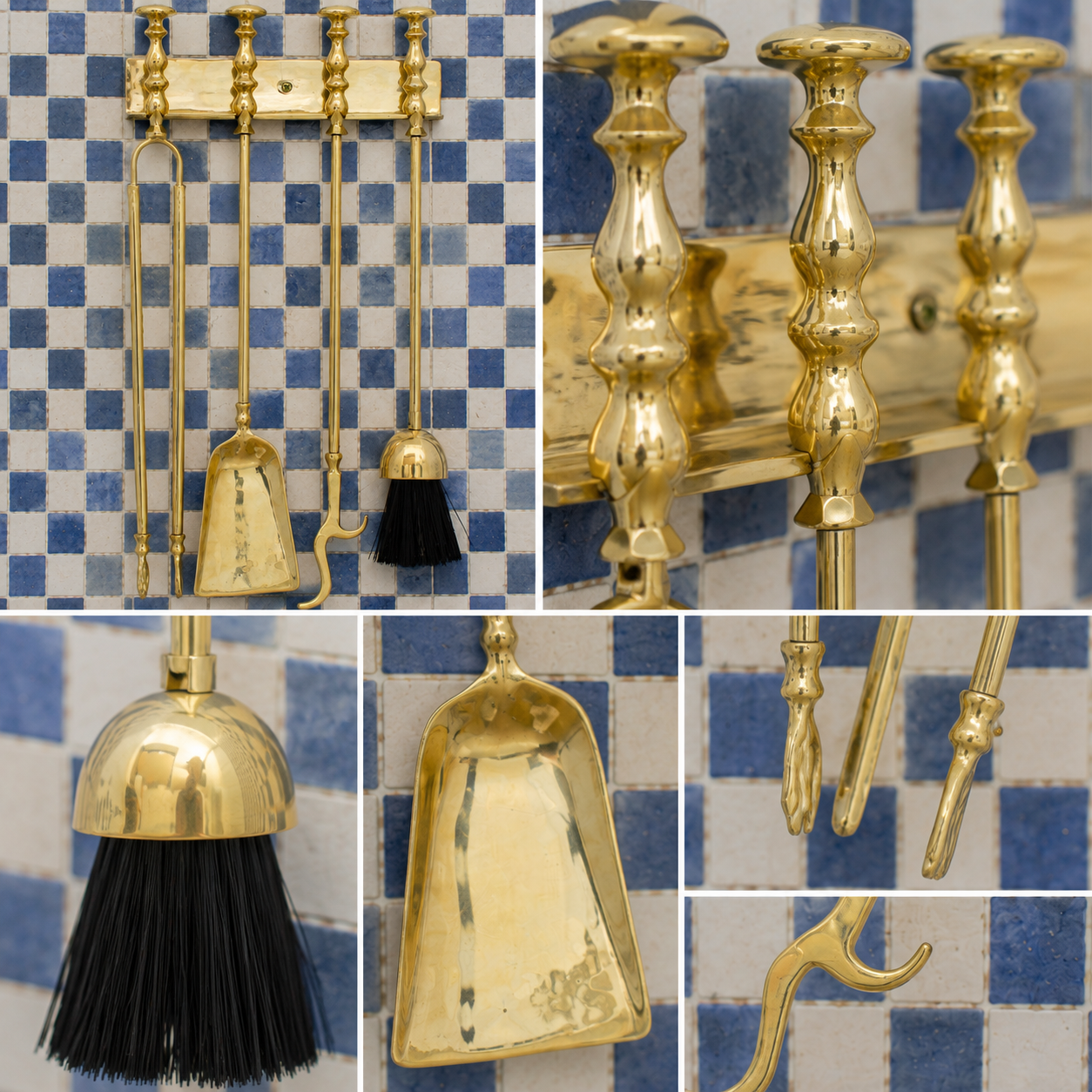Handmade solid brass wall-mounted fireplace tool set with poker, tongs, ash shovel, brush, and storage rack.