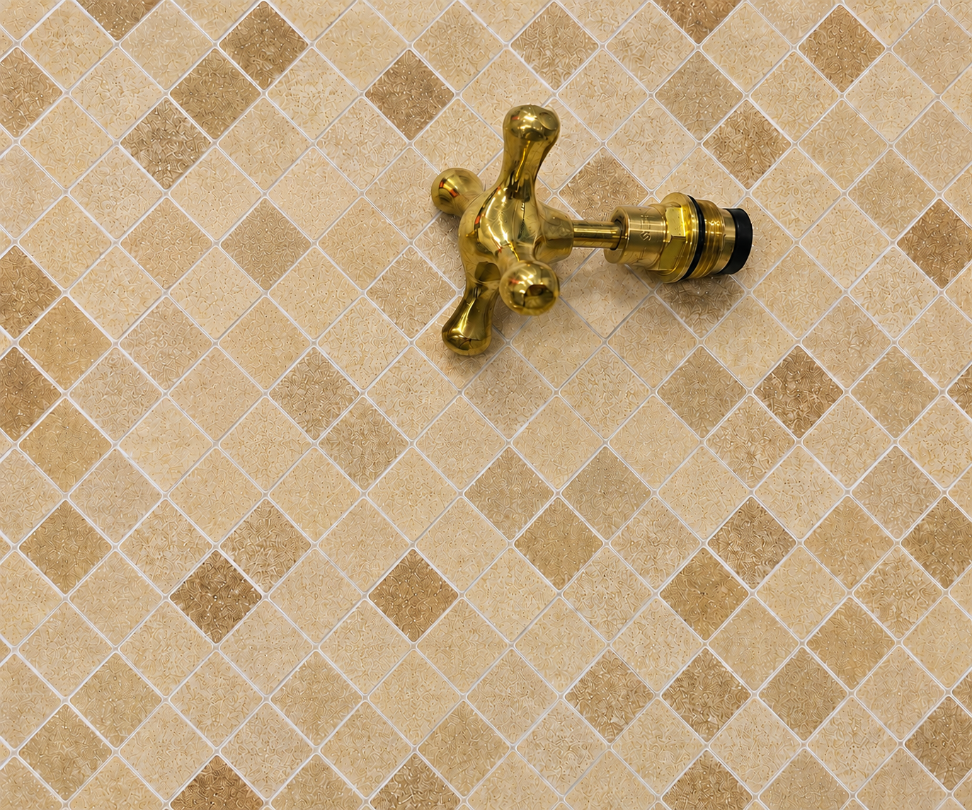 Handmade solid unlacquered brass cross faucet handle set for 1/2-inch bathroom and kitchen faucets.