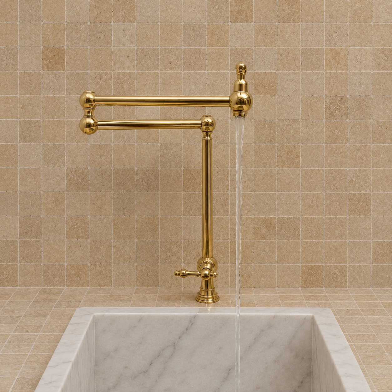 Handmade freestanding unlacquered solid brass deck-mounted pot filler faucet with double swing arms and dual lever handles installed beside a marble kitchen sink.