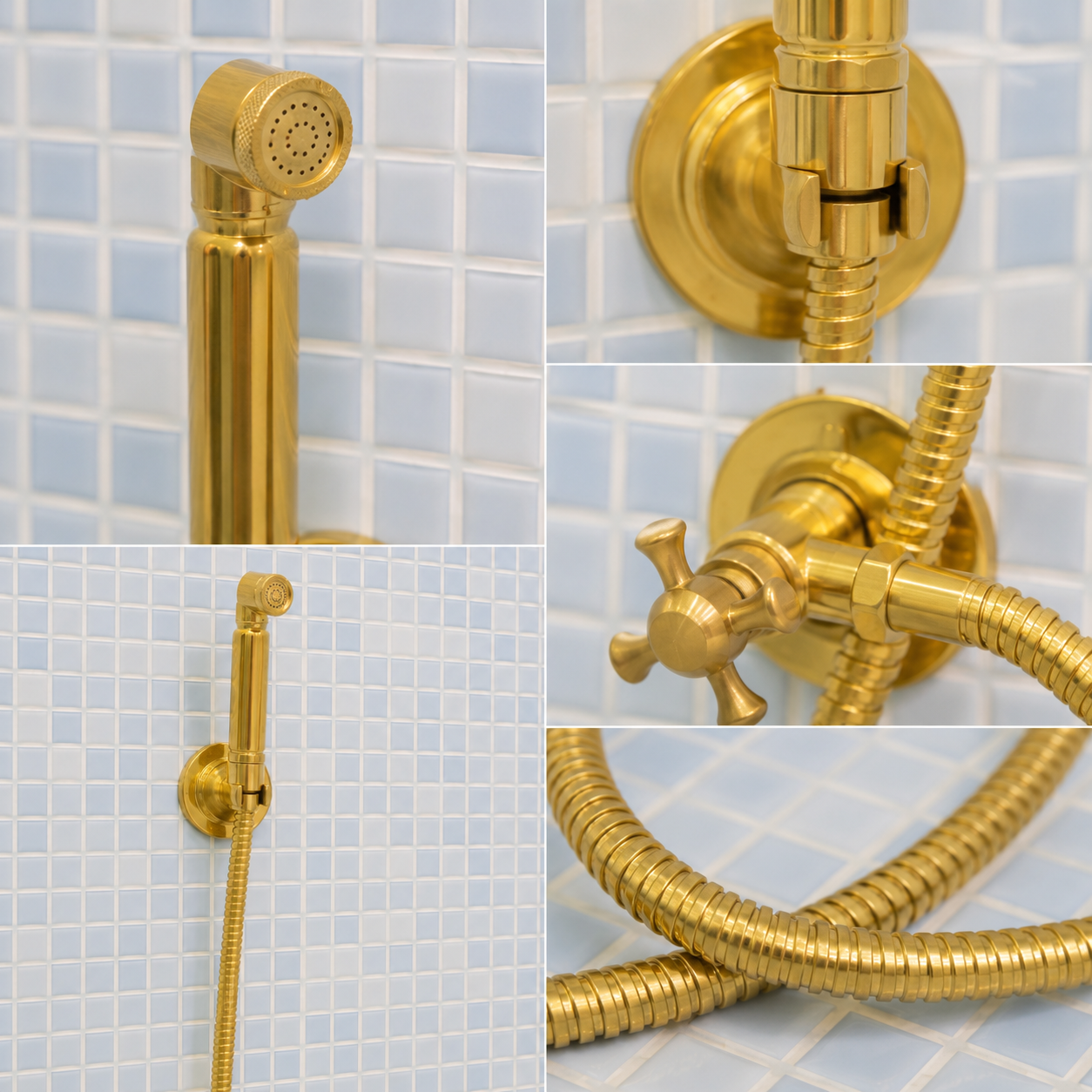 Handmade solid brass wall-mounted handheld bidet sprayer with flexible brass hose and integrated shut-off valve.