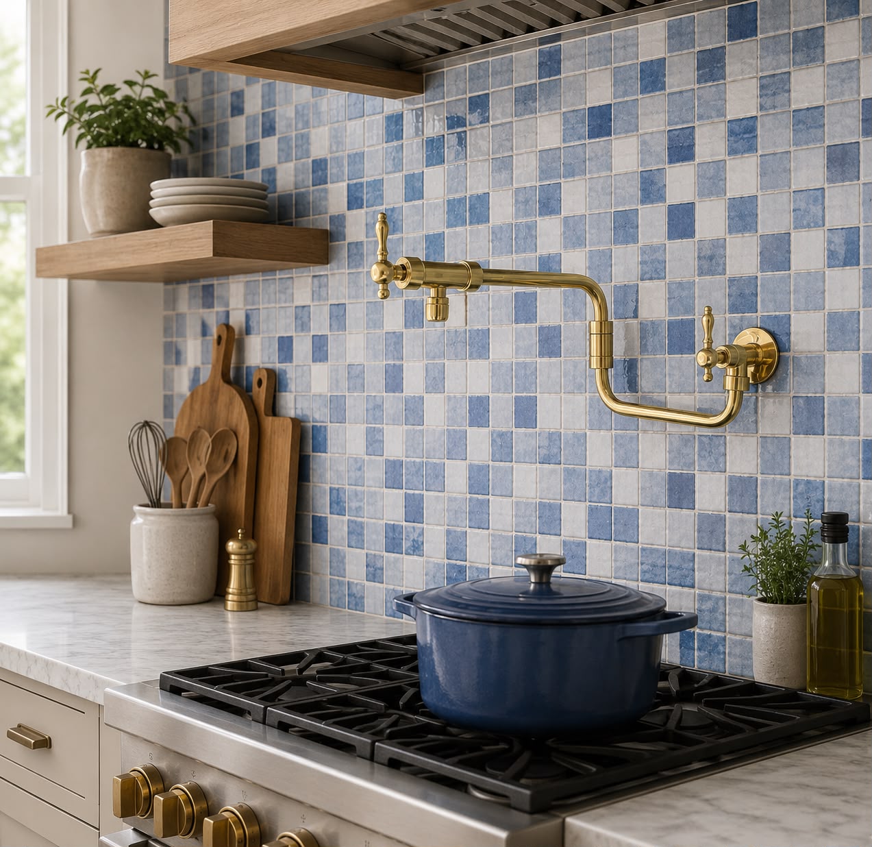 Handcrafted unlacquered solid brass wall mounted pot filler kitchen faucet with dual lever handles installed against blue tile backsplash